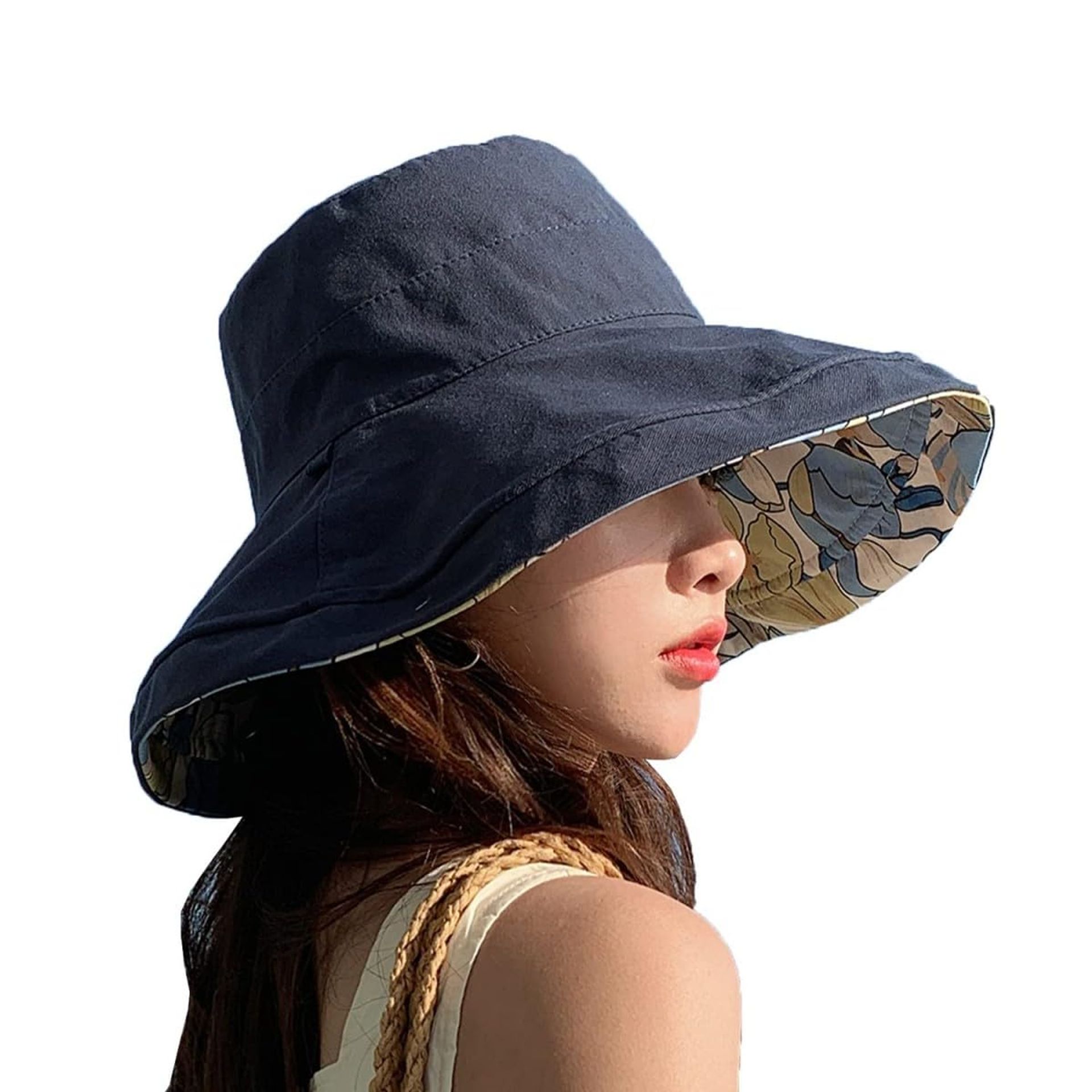 Women's Reversible Bucket Hat Summer UV Sun Protection Foldable Wide Brim - Navy Blue One Size