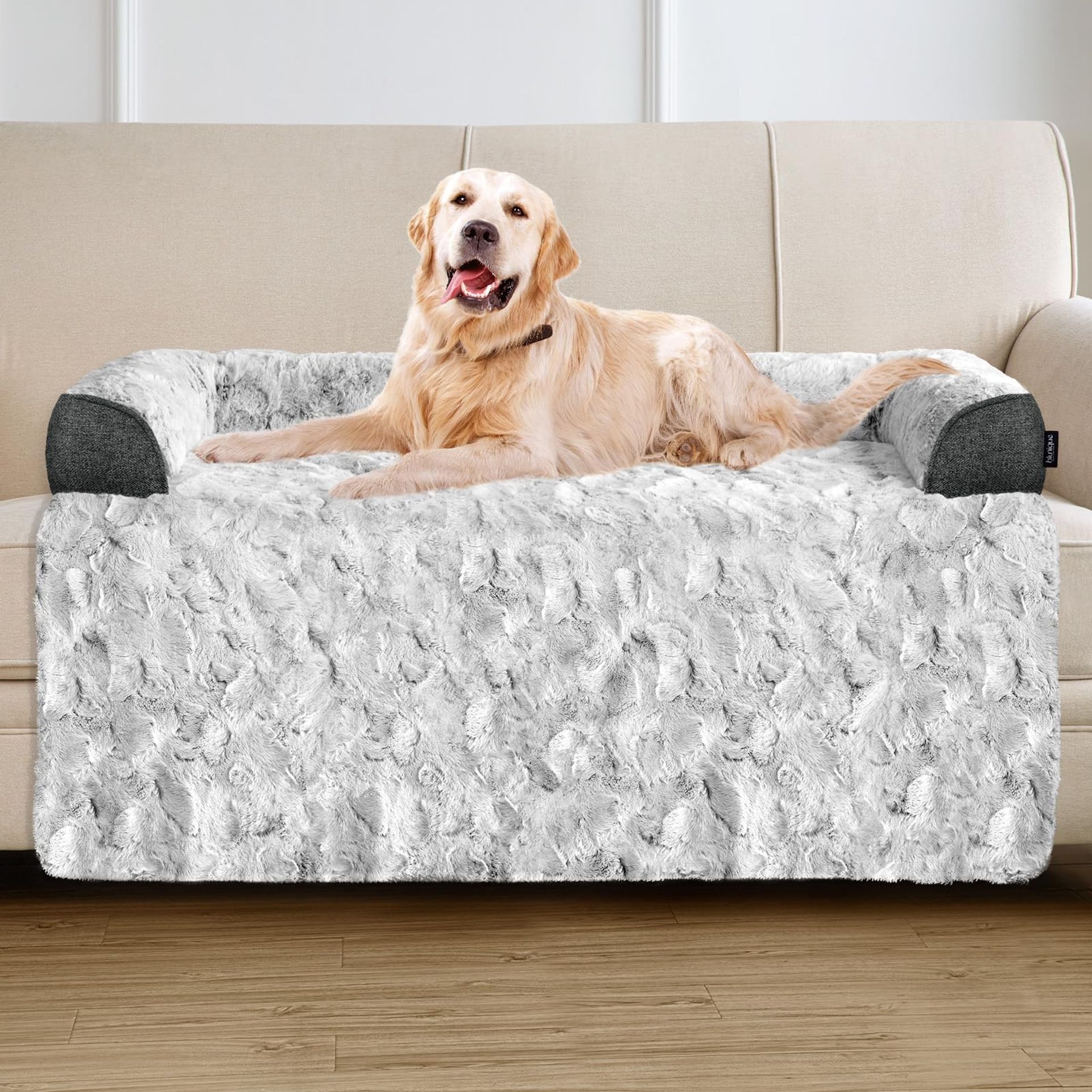 Dog Sofa Bed Faux Fur Cover Memory Foam Cushion Non-Slip Base - Grey XL