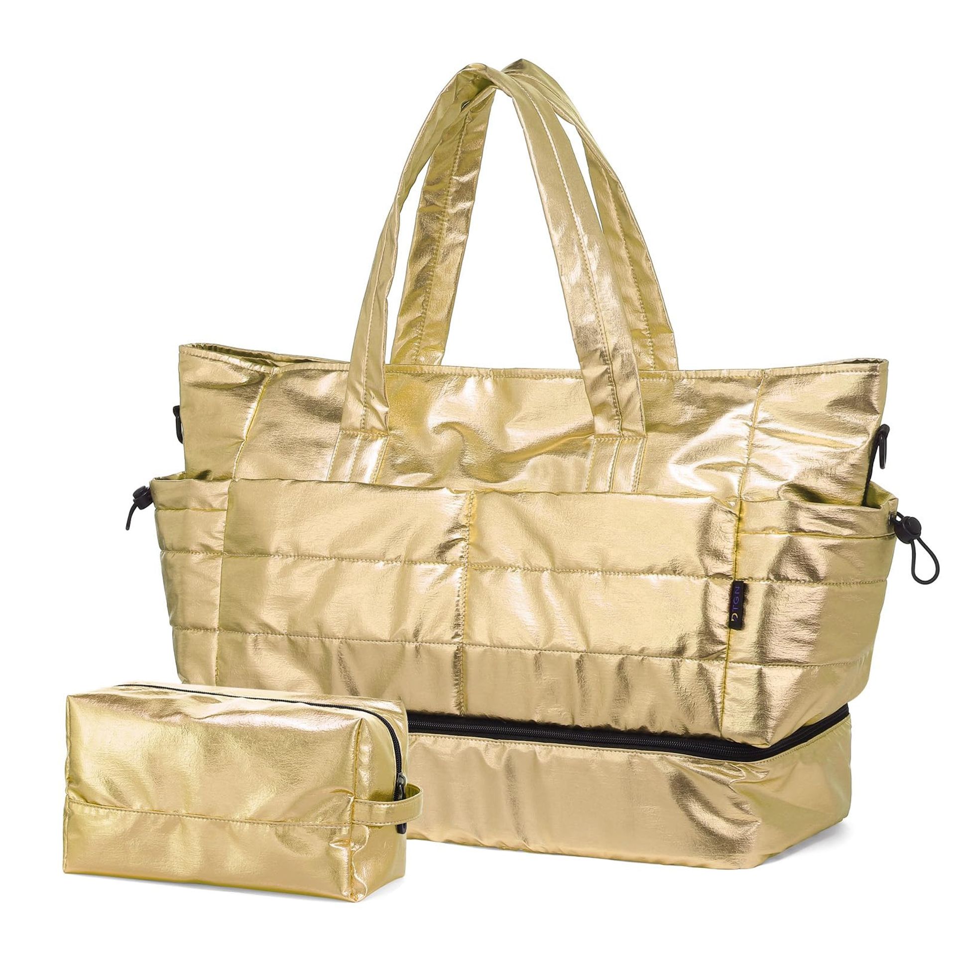 Women's 50L Travel Duffel Bag with Shoe Compartment & Toiletry Pouch, Water-Resistant Weekender & Gym Holdall - Gold - Student Essentials