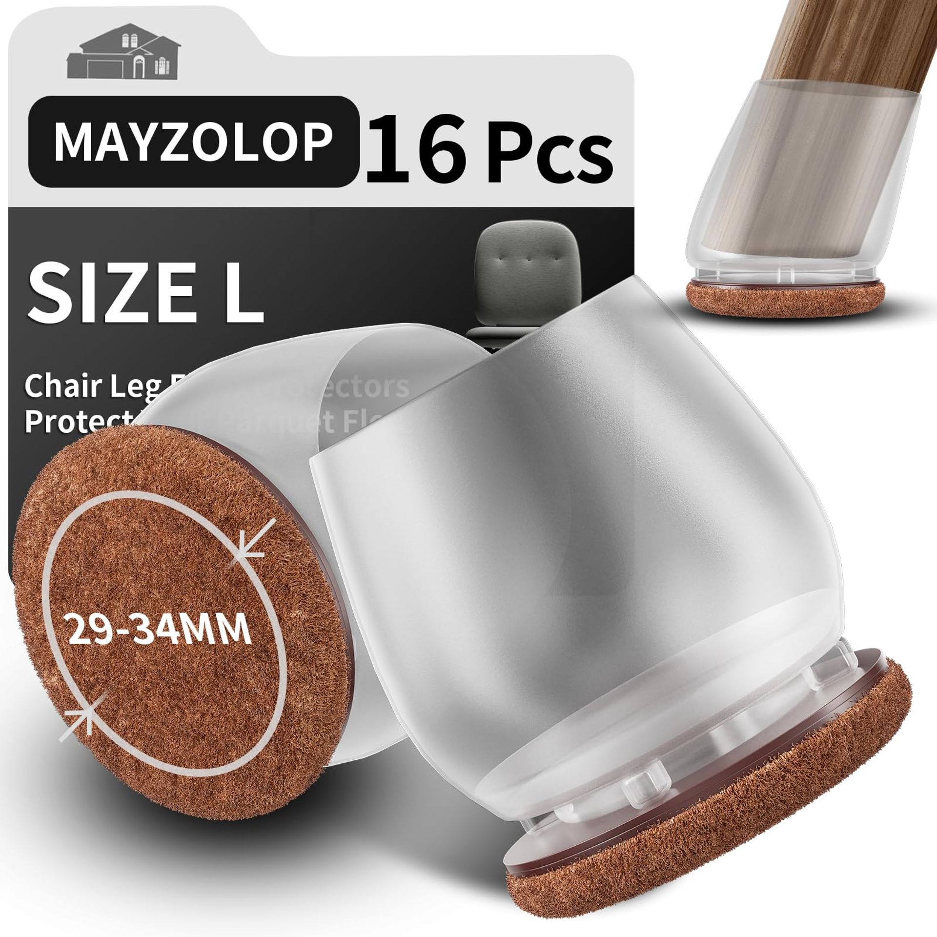 Chair Leg Protectors Set of 16 with Felt Pads Noise & Scratch Reduction for Hardwood Floors - Transparent L 1.14''-1.34'' (29-34mm)