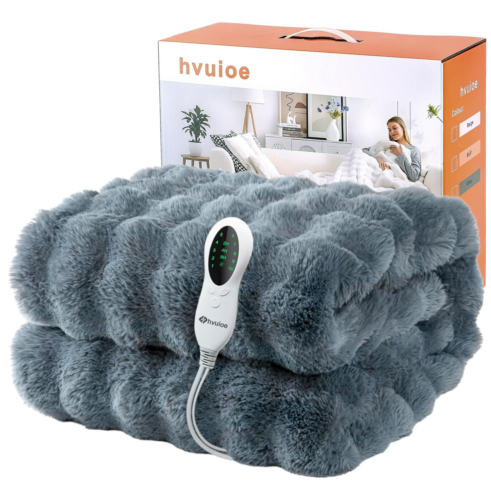 Electric Heated Throw Luxurious Faux Fur Fast Heating Auto Shut-Off Machine Washable - Grey 180x150cm