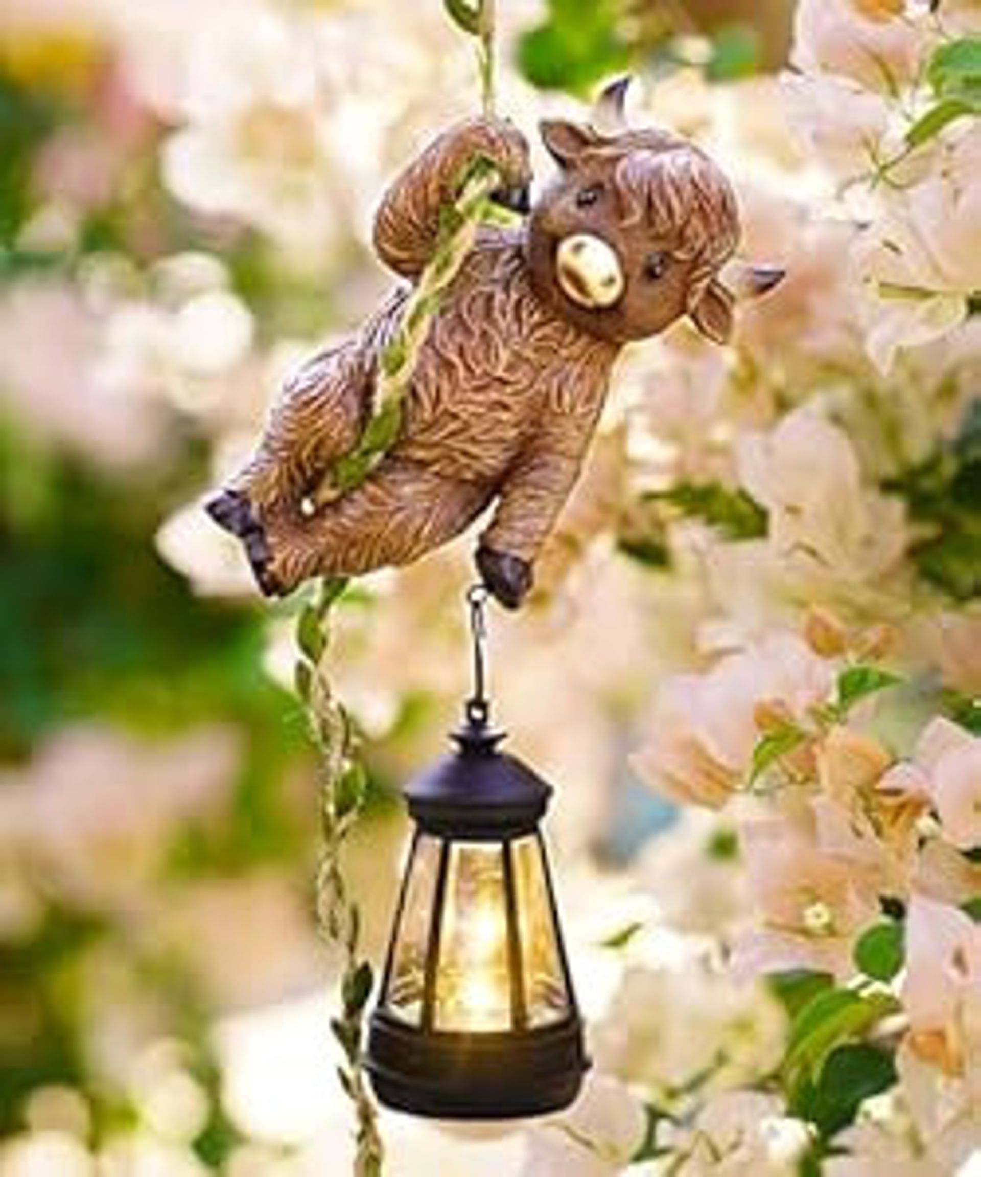 Solar Hanging Highland Cow Garden Statue with LED Lantern Tree Rope Decor Gift for Mum - Brown Cow
