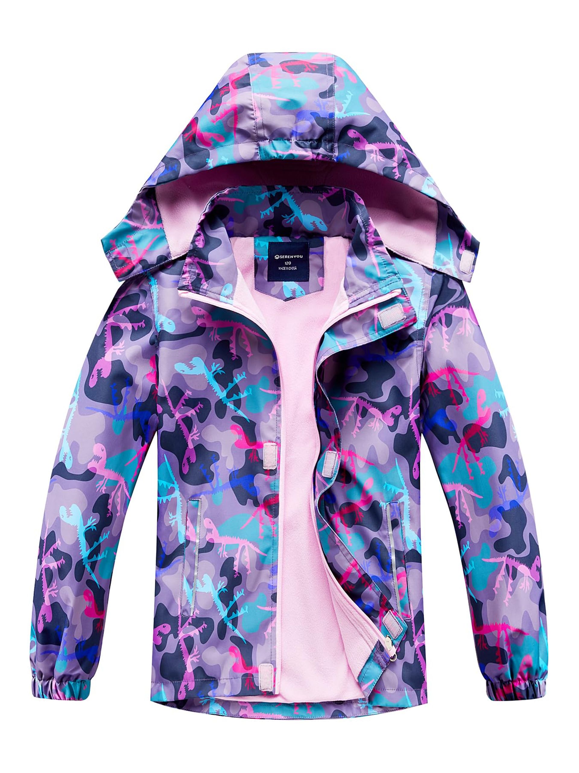 Girls Waterproof Jacket Fleece Lined Raincoat with Removable Hood Dinosaur Print Windbreaker - Style 3 3-4 Years