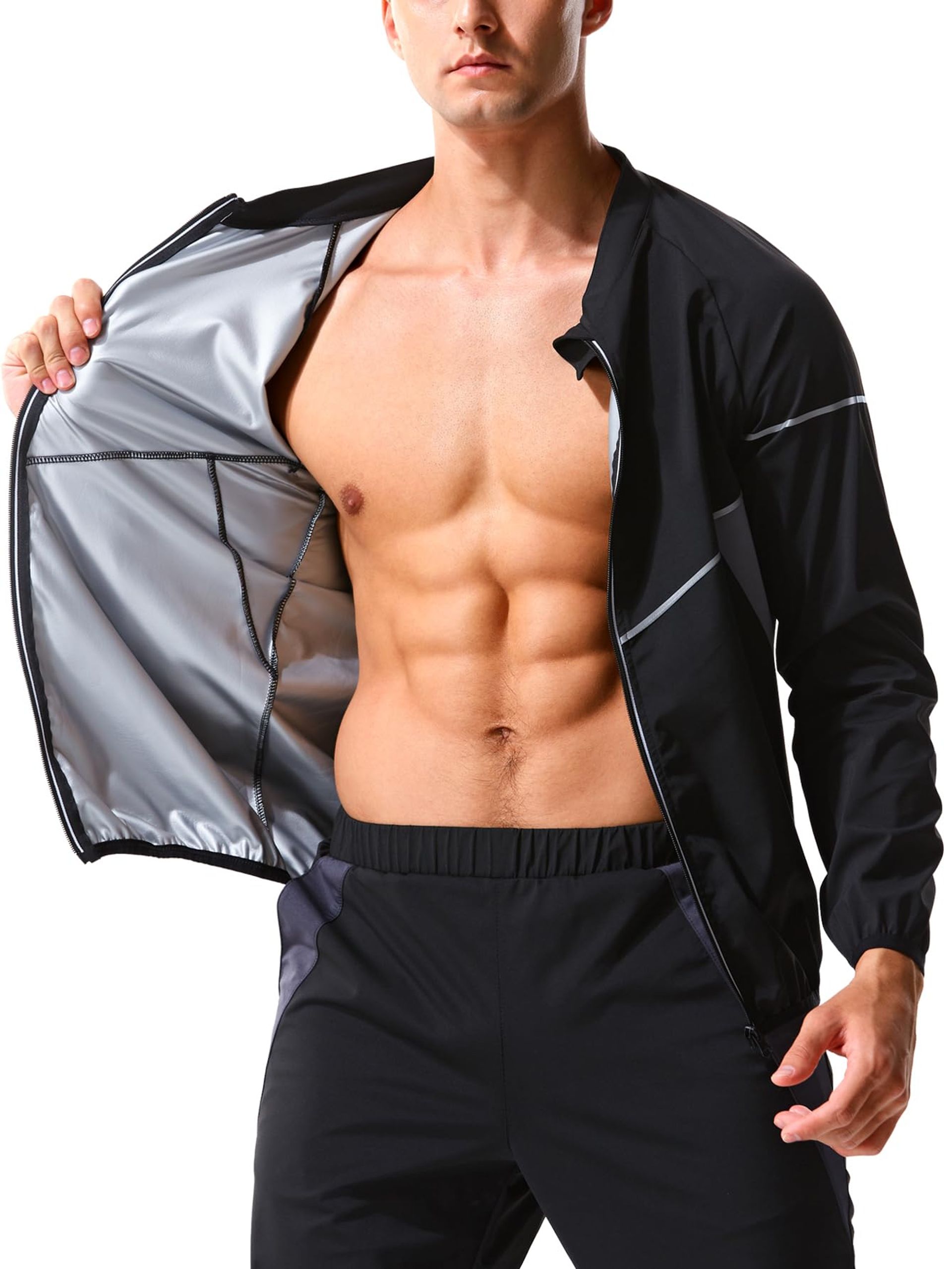 Men's Sauna Sweat Jacket Long Sleeve Zip Up Heat-Trapping Fitness Top - Black Dark XL