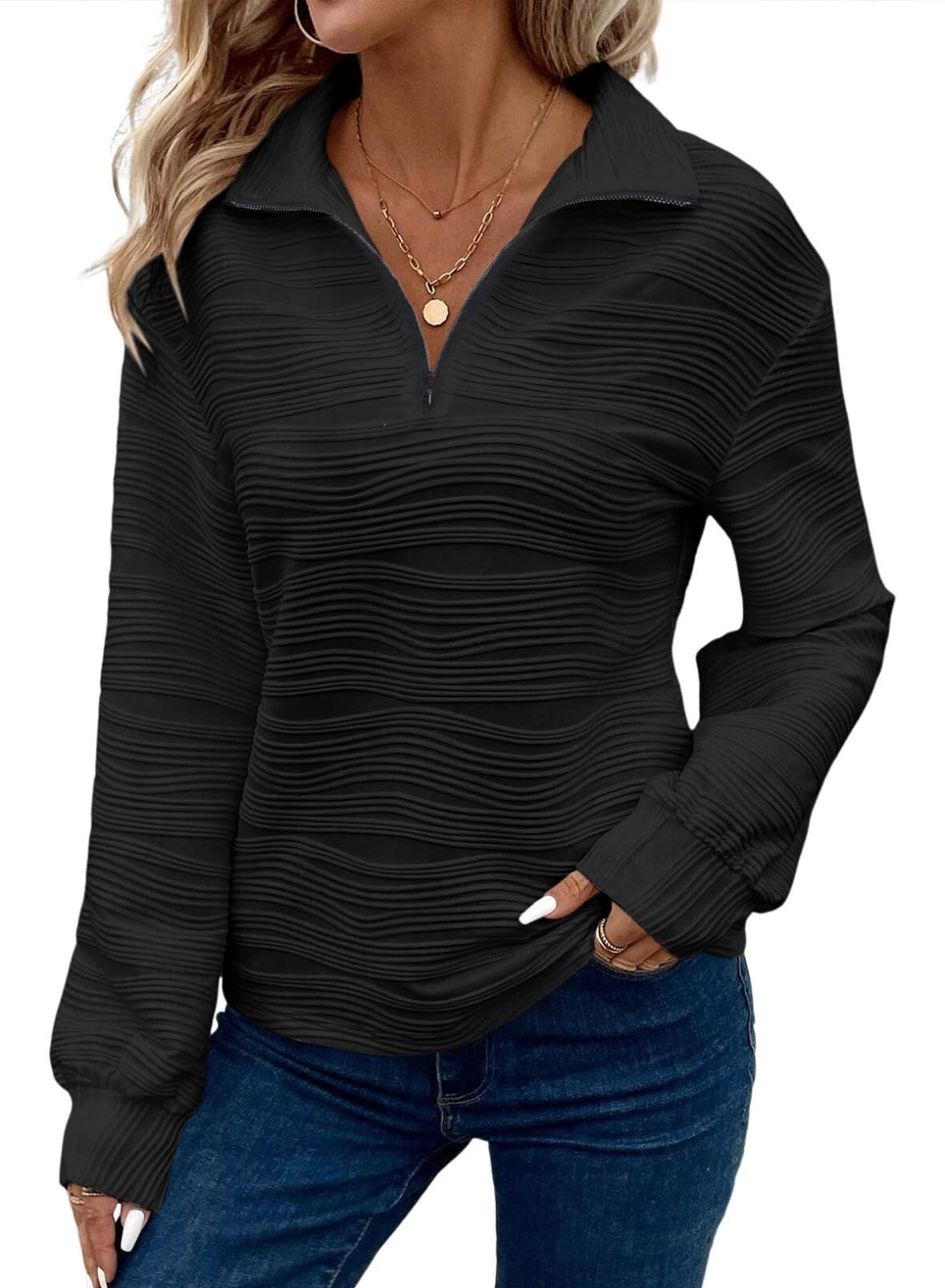 Women's Half Zip Pullover Sweatshirt Long Sleeve Textured Casual Top - Black L