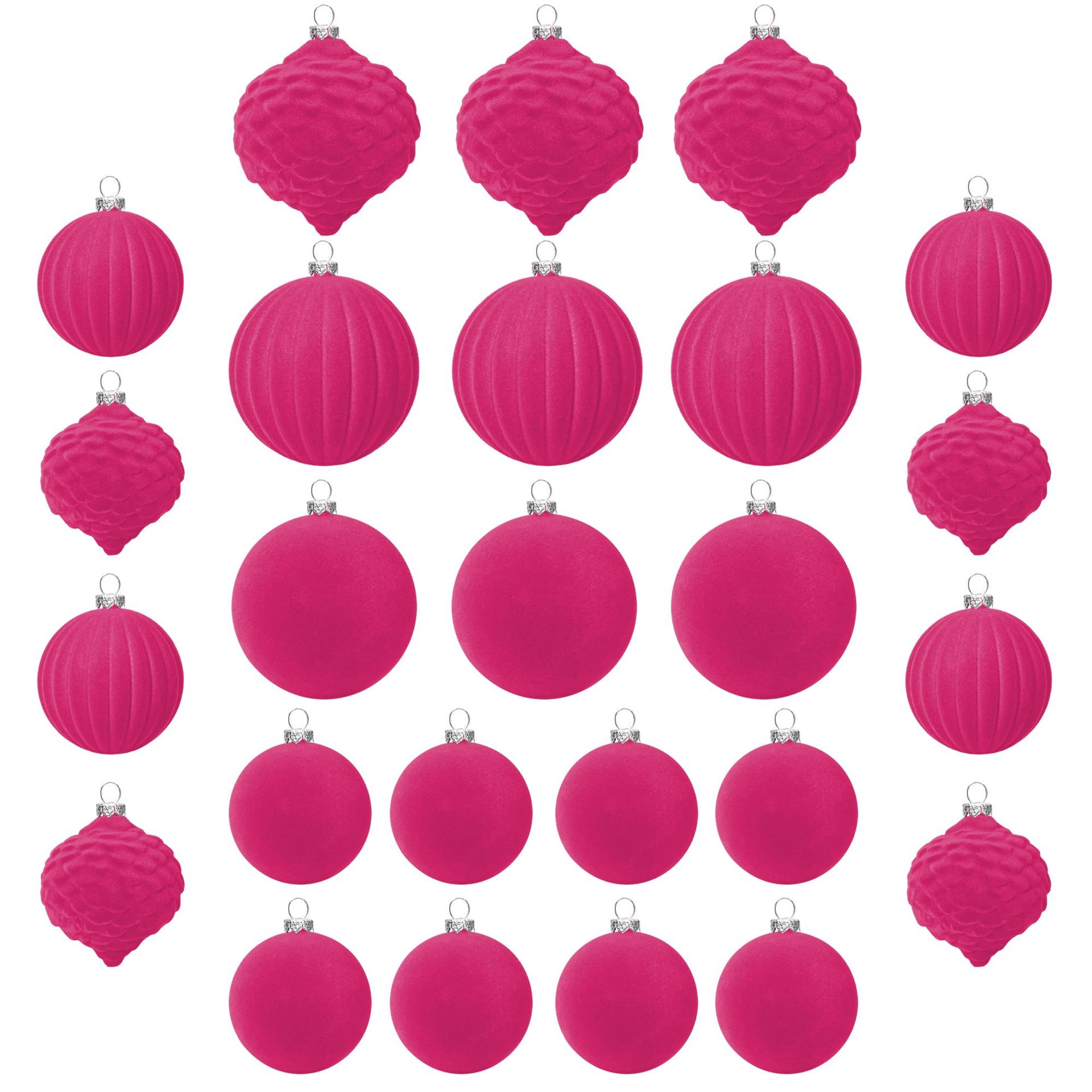 Velvet Christmas Baubles Set 25pcs Shatterproof Flocked Tree Ornaments 80mm 60mm - Hot Pink One Size - Spring Refresh