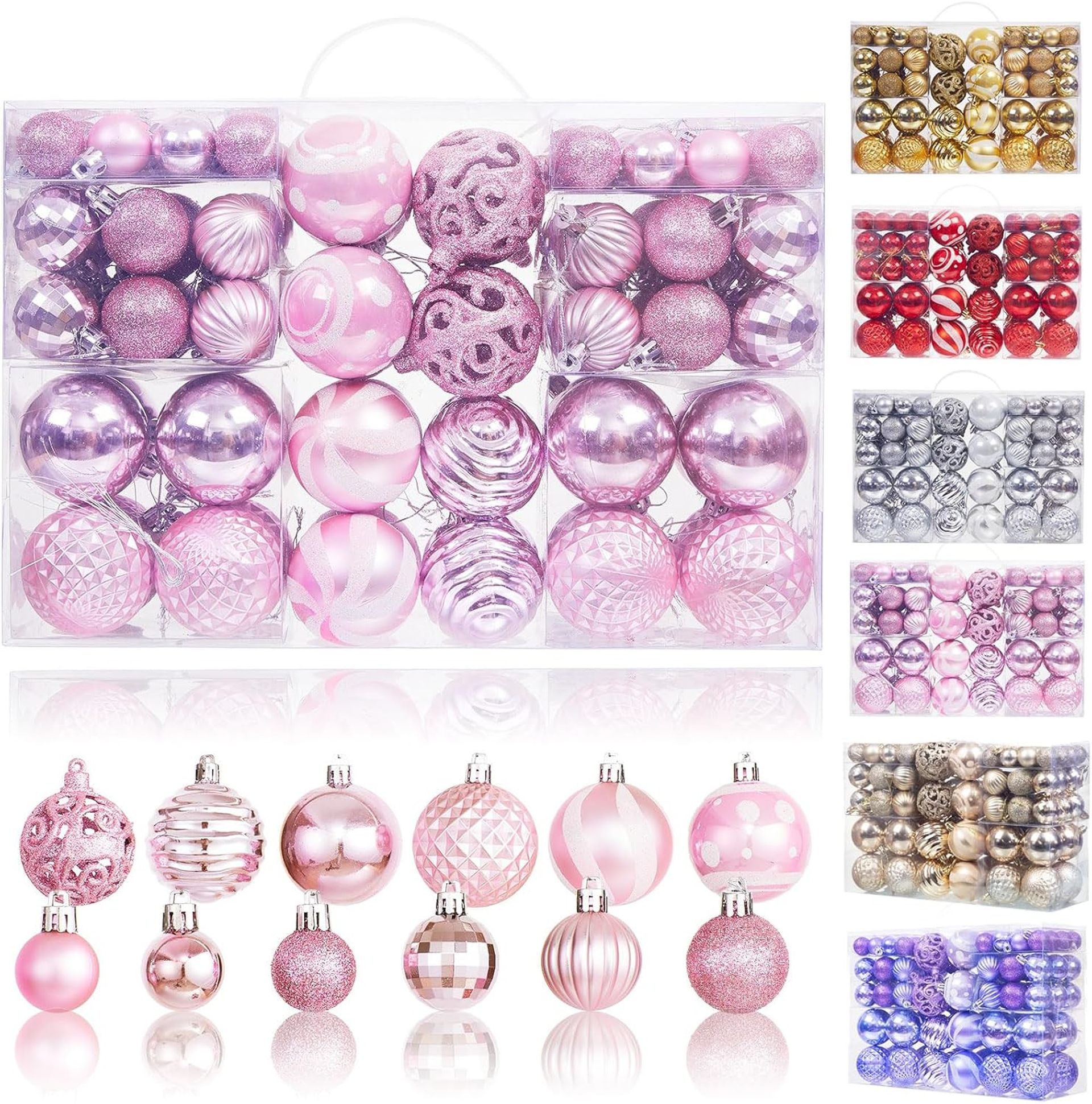Christmas Baubles Set 100 Pack Shatterproof Ornaments Multipack Assorted Designs for Xmas Tree Decorations - Pink 9UK2023 Style