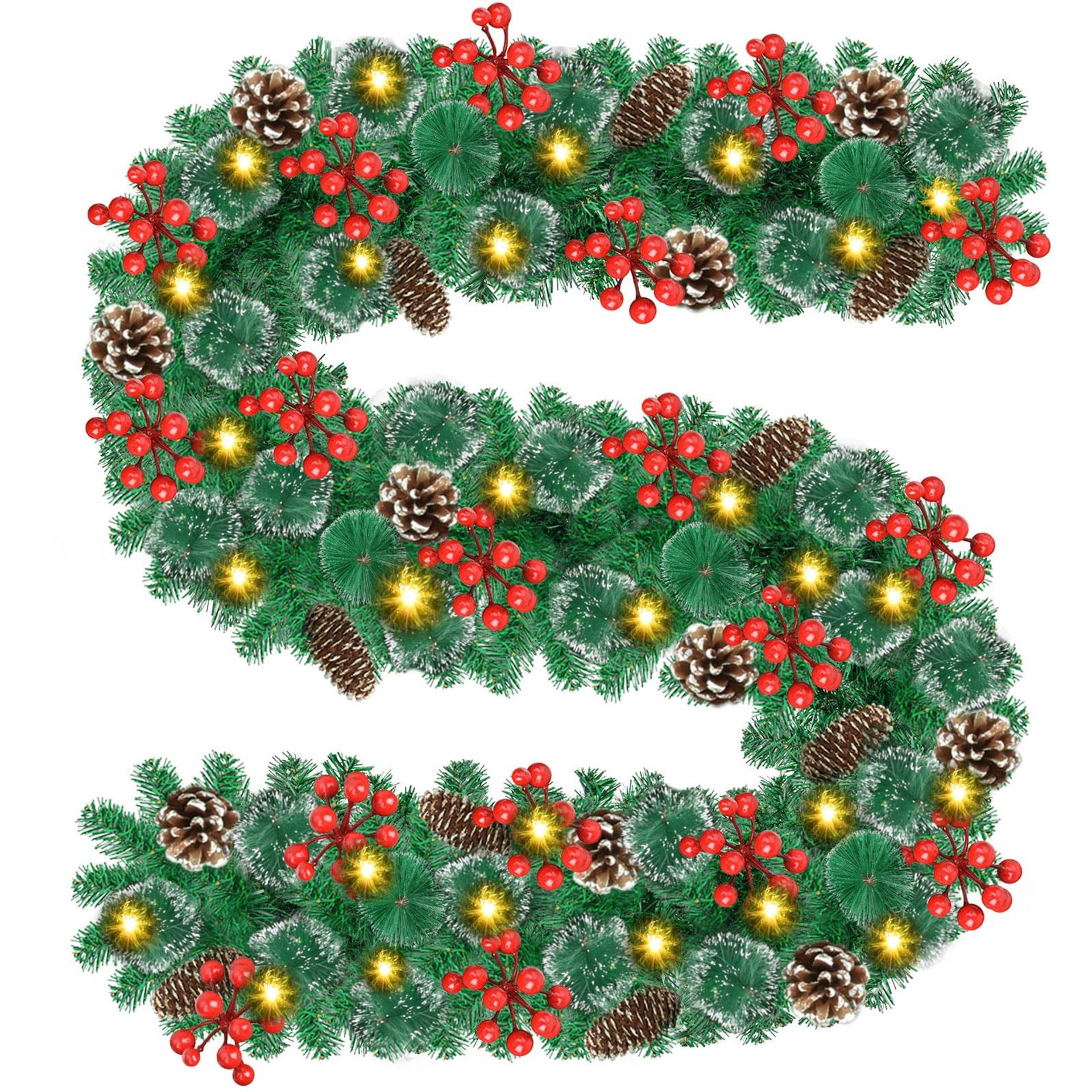 9FT Artificial Christmas Garland with Red Berries Pine Cones for Indoor Outdoor Décor - Green 9FT