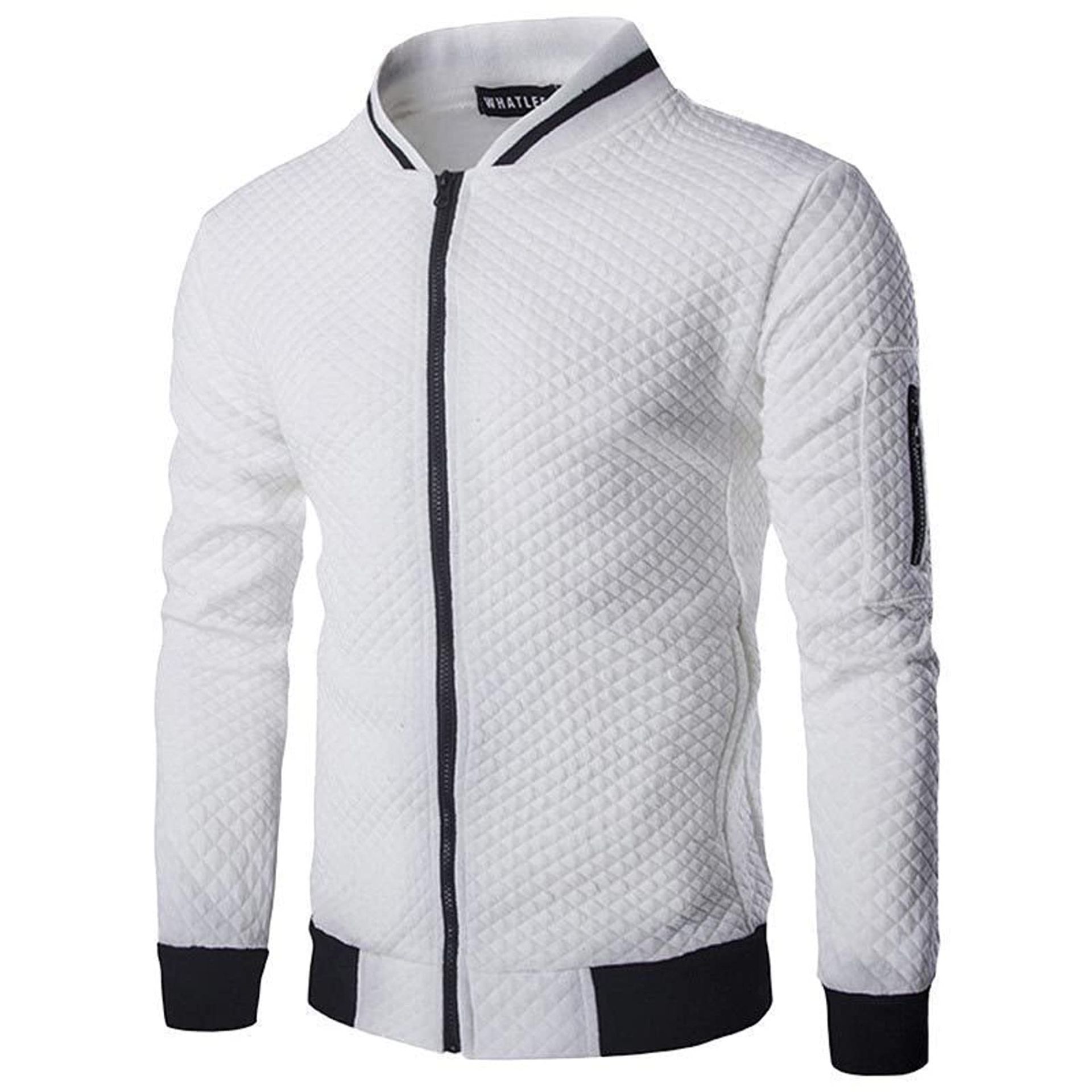 Men's Full Zip Plaid Sweatshirt Cardigan Lightweight Casual Jacket - White L
