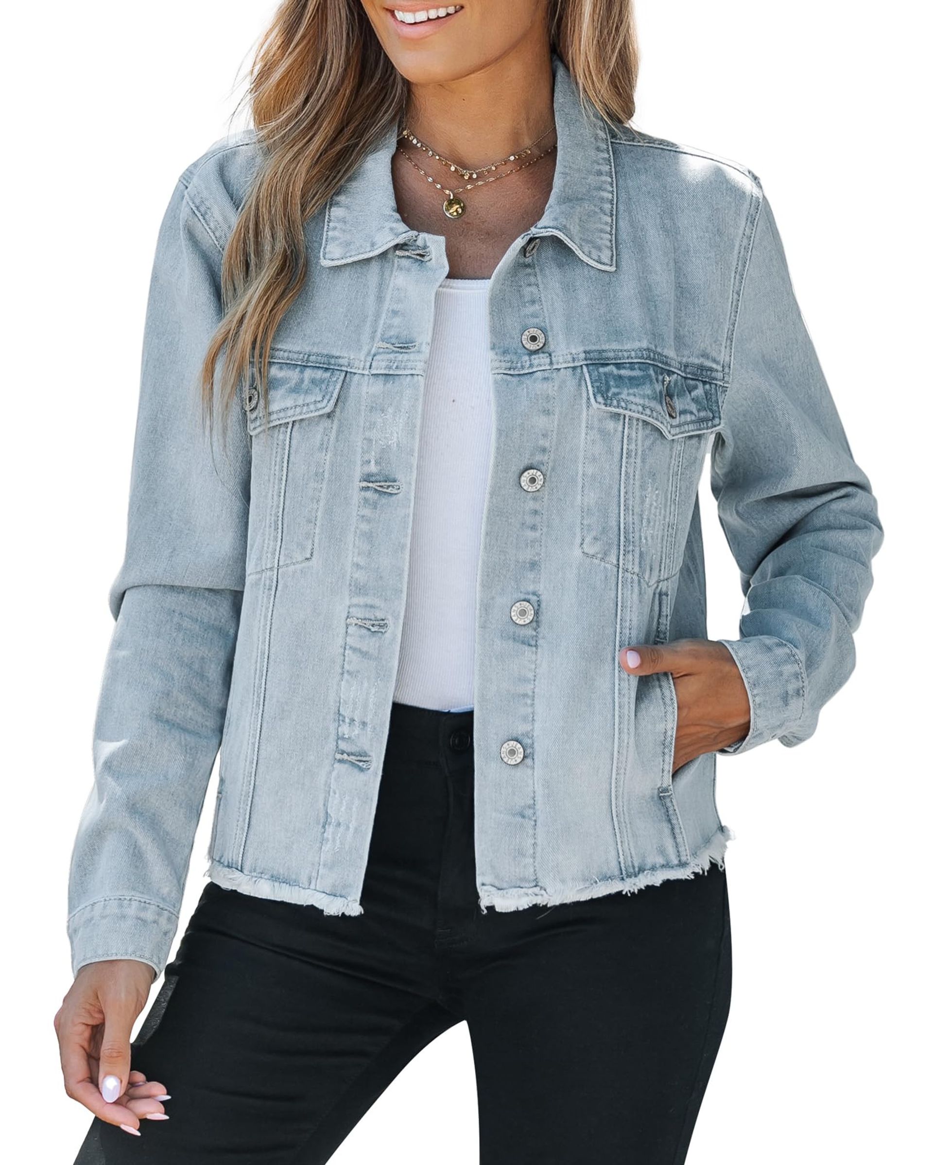 Women's Denim Jacket Frayed Hem Stylish Casual Outerwear - Roadnight Blue Large