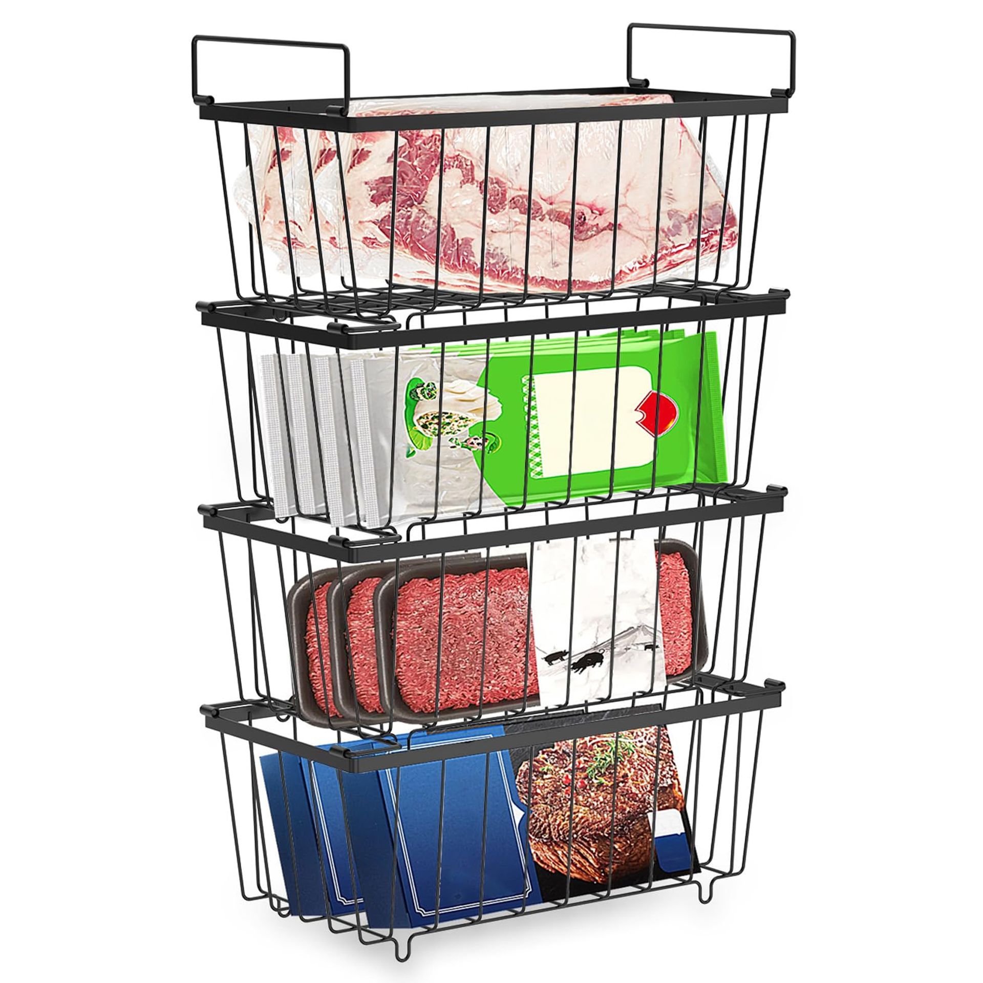 Refrigerator and Freezer Storage Baskets Set of 4 Rustproof Wire Organisers with Folding Handles - Black 4pcs - Spring Refresh