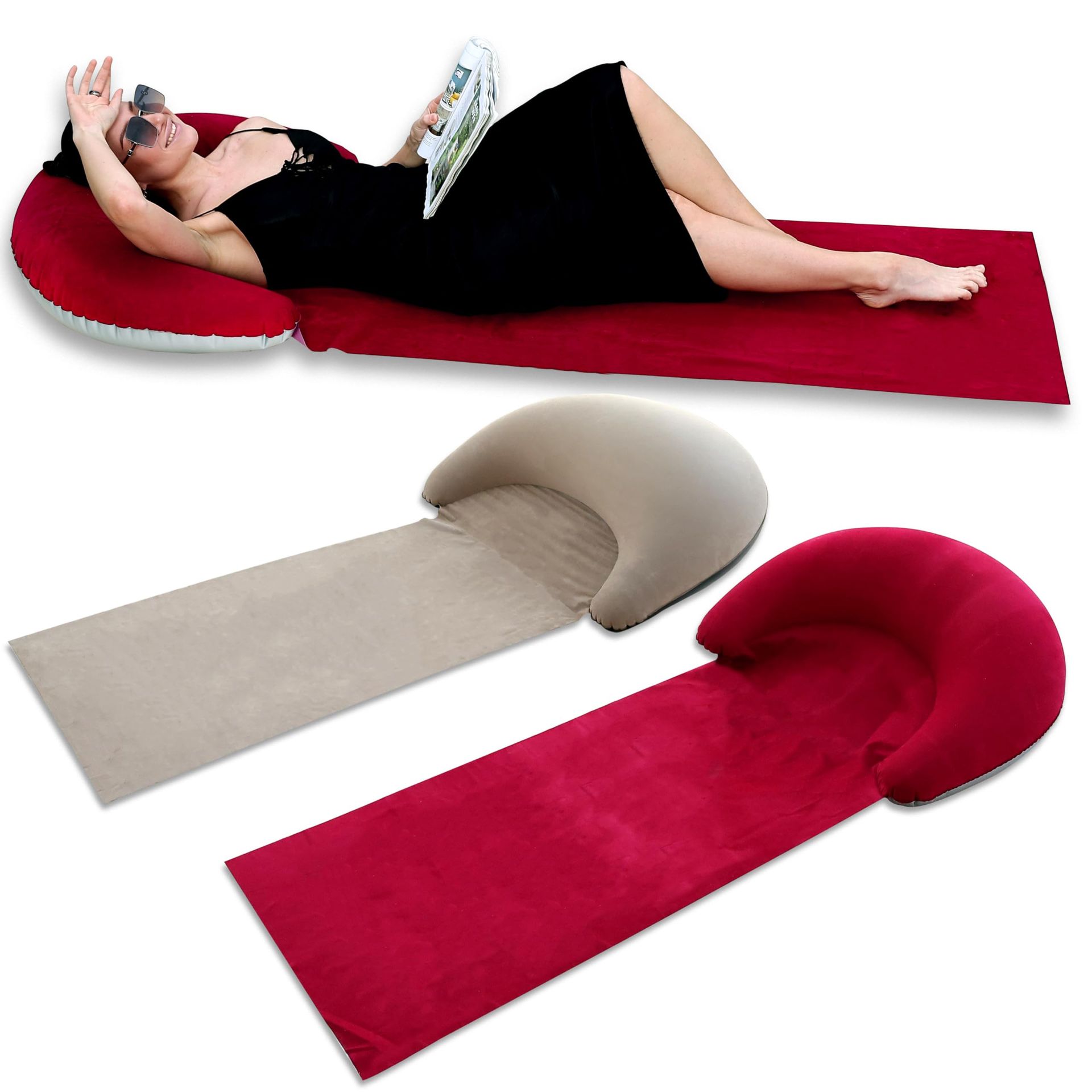 2 Pack Beach Blanket with Inflatable Headrest Portable Lounger Mat for Sunbathing and Outdoor Relaxing - Khaki+Red One Size