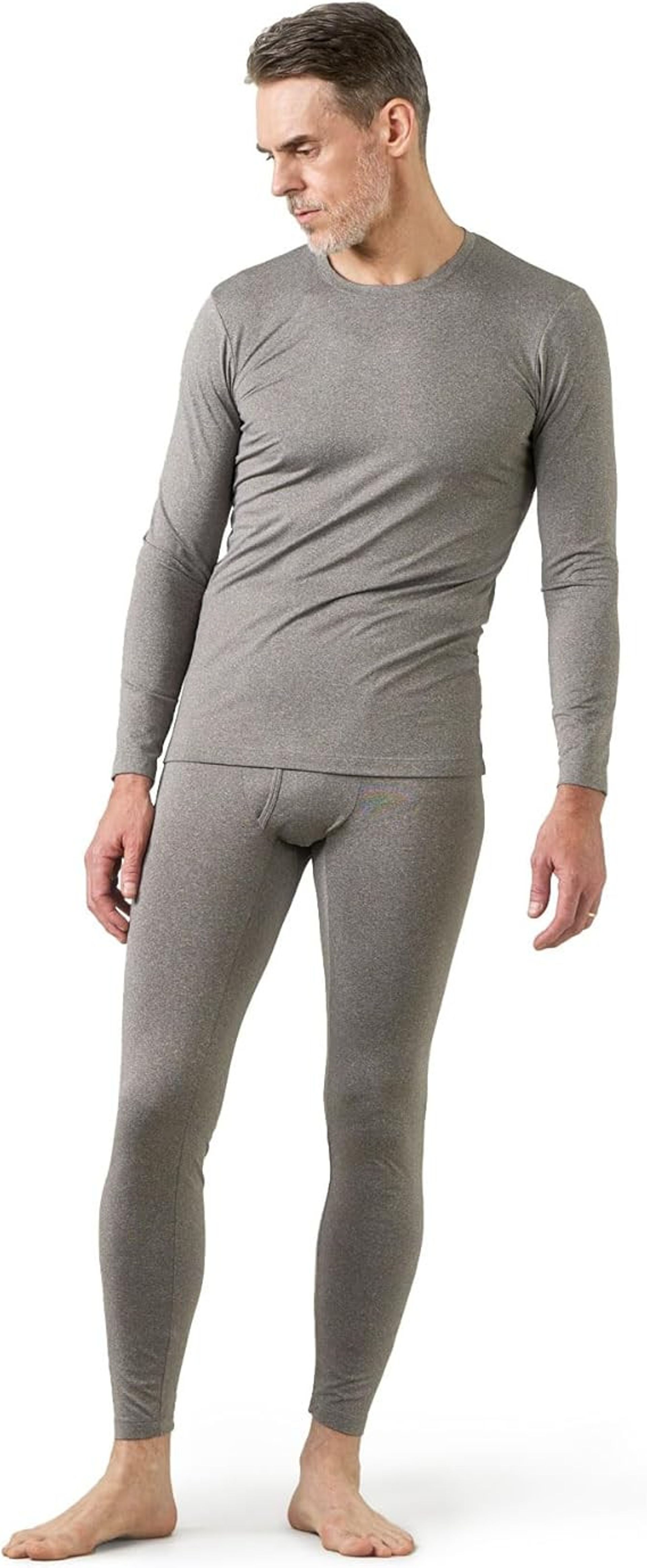 Men's Fleece Lined Thermal Underwear Set Warm Base Layer Long Johns Top & Bottom - Light Heather Grey S M57