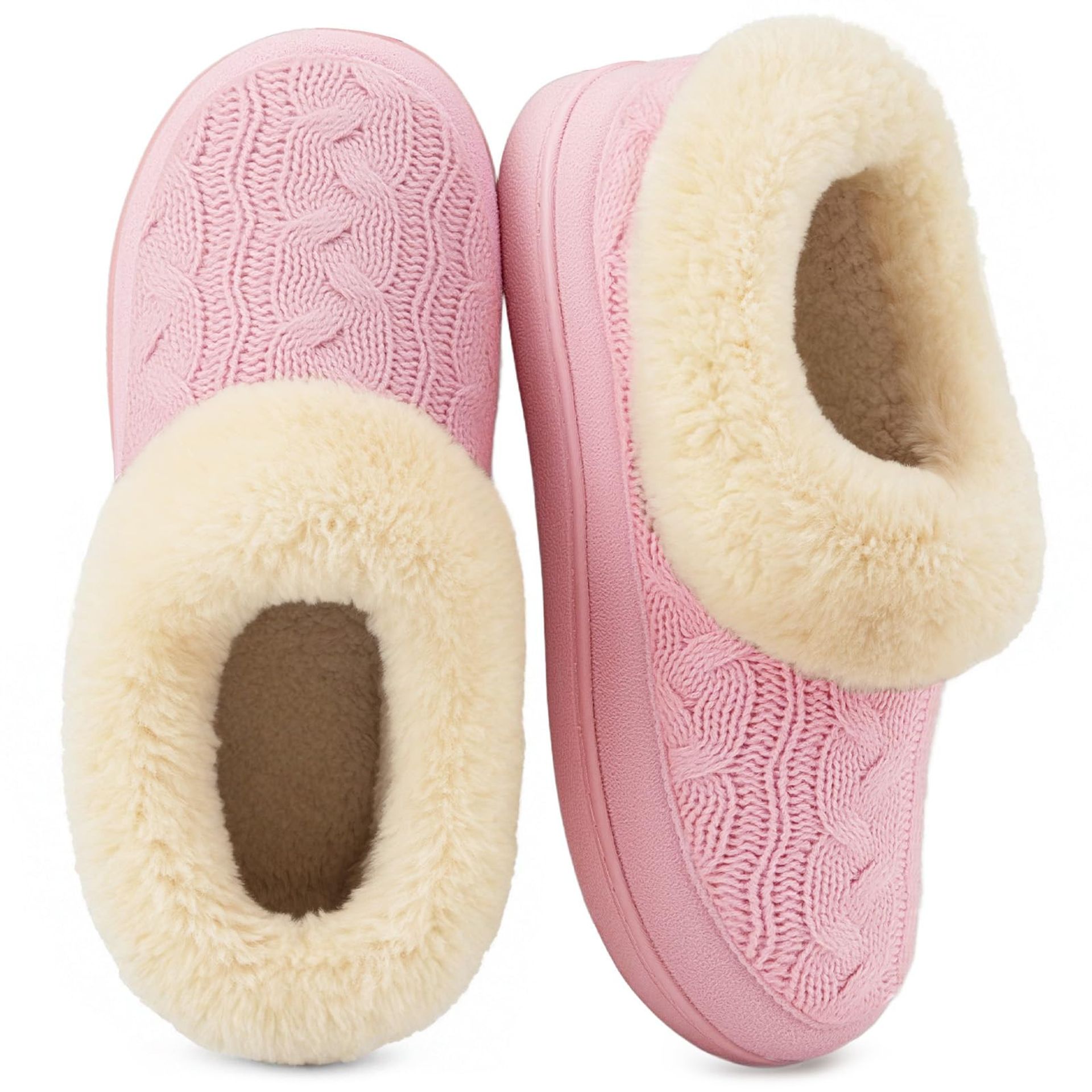 Ladies' Warm Knitted Faux Suede Memory Foam Moc Slippers with Cashmere Collar - Pink UK 8