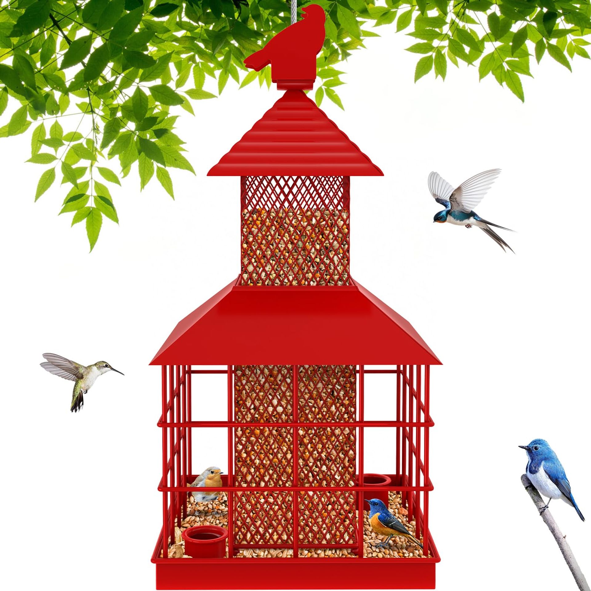 Caged Bird Feeder Squirrel-Proof Metal Tube Seed Feeder with 360° Tray for Wild Birds Garden Hanging Use - Bright Red