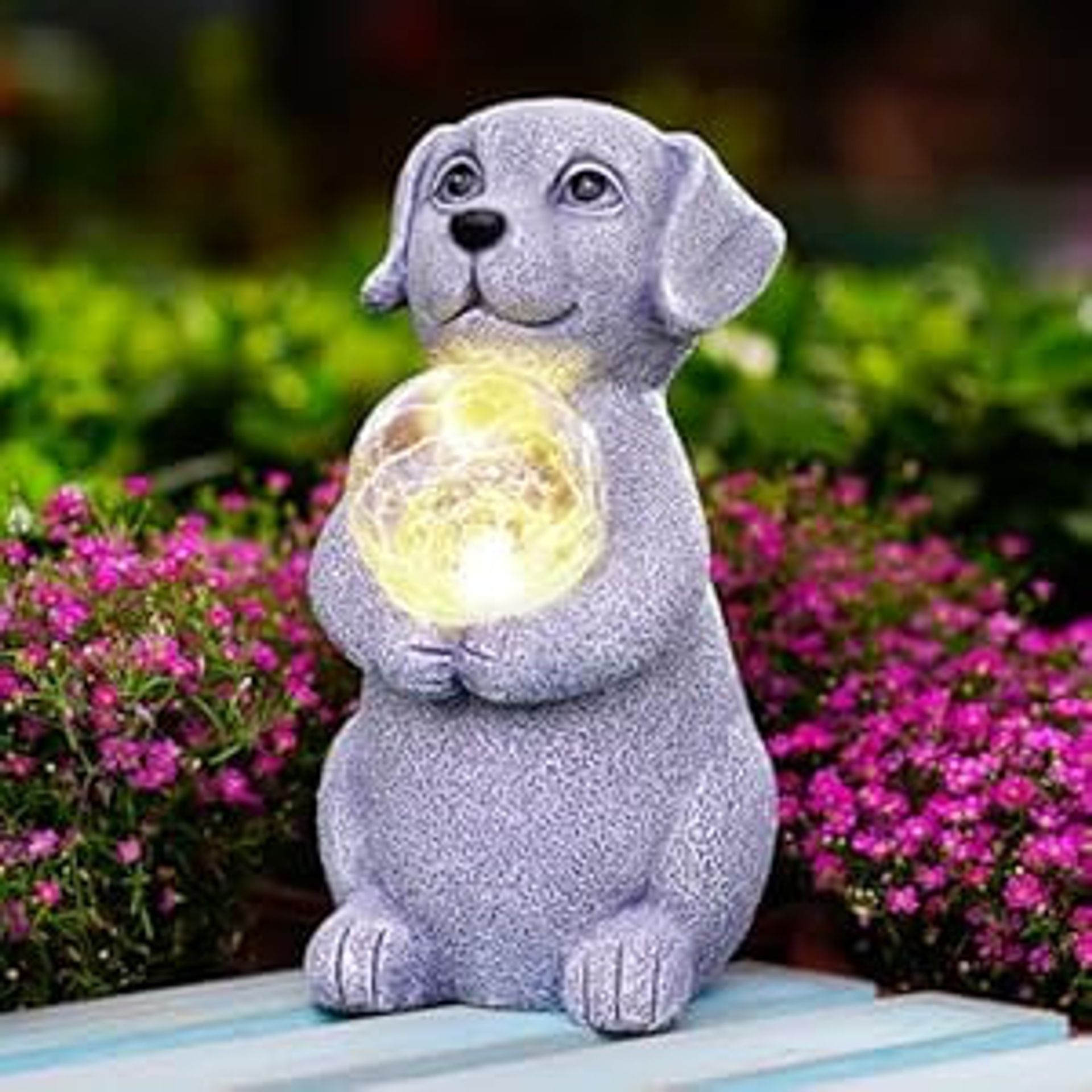 Dog Statue Garden Ornament Solar Powered LED Light Figurine with Gazing Ball for Patio Lawn and Yard Décor Gifts - Grey 19.2cm - Spring Refresh