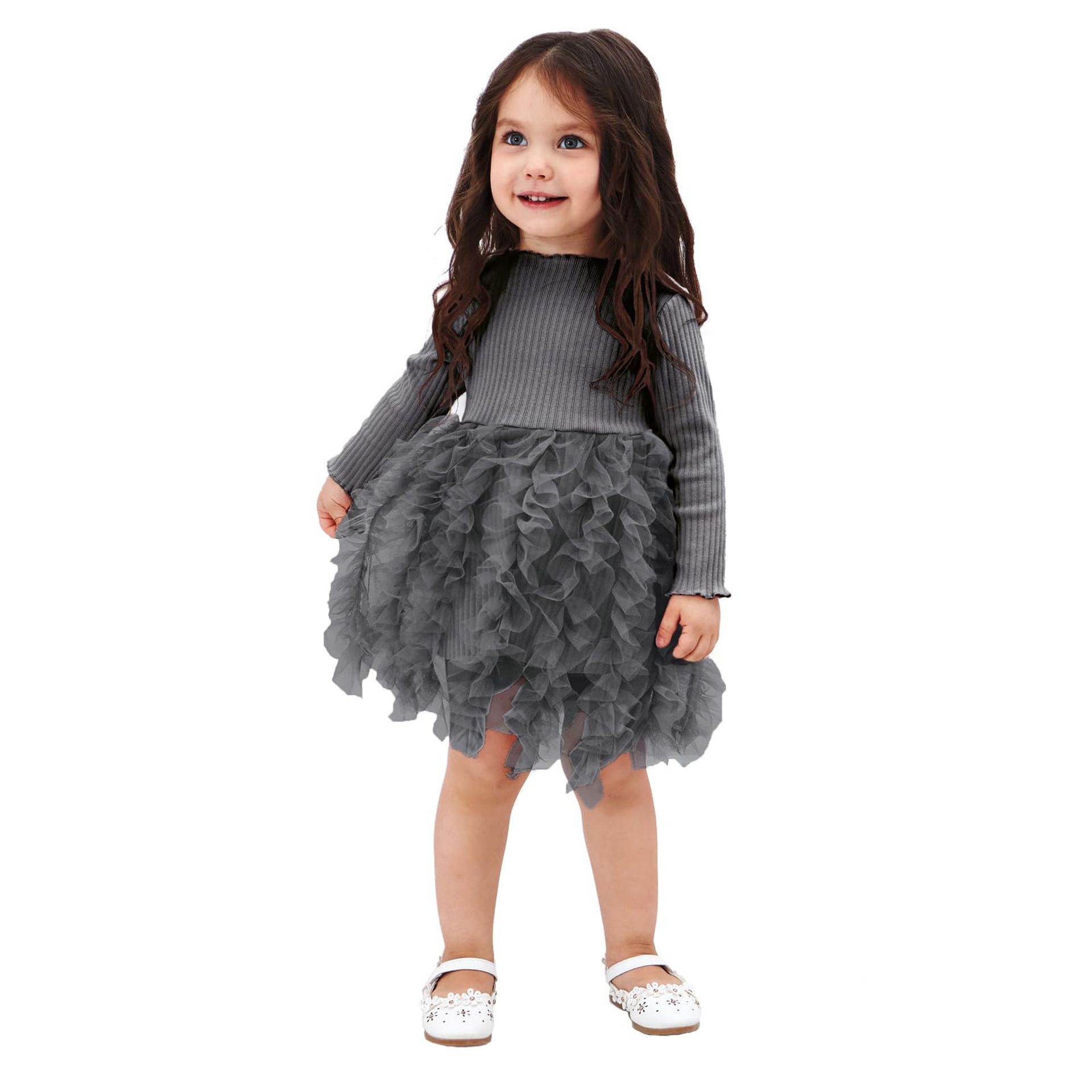Baby Girls Long Sleeve Knit Sweater Tulle Princess Dress Soft & Cosy - Dark Grey 12-18 Months