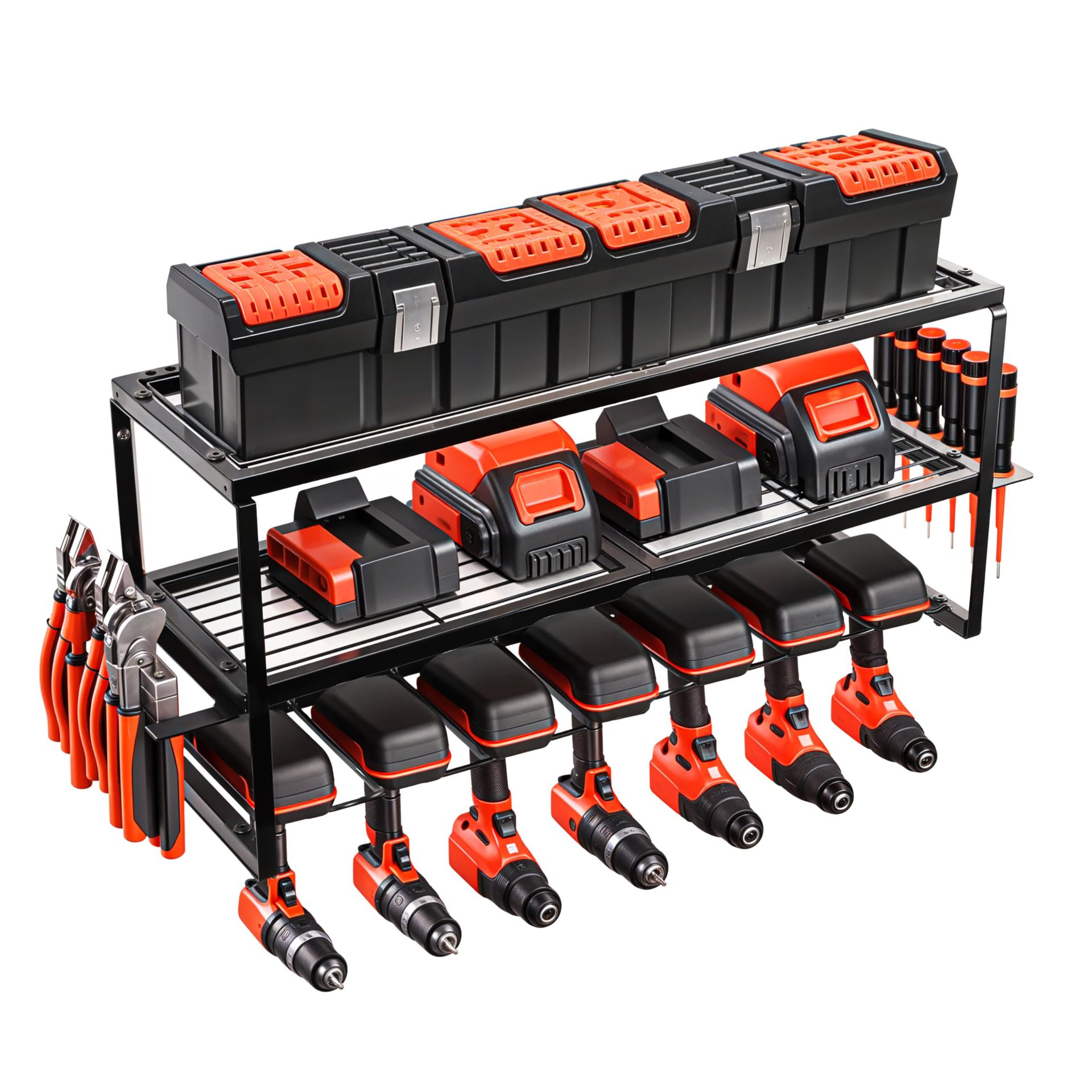 Power Tool Organiser Wall Mounted Storage Rack with Drill Holder, Utility Shelf & Charging Station for Garage or Workshop - Black One