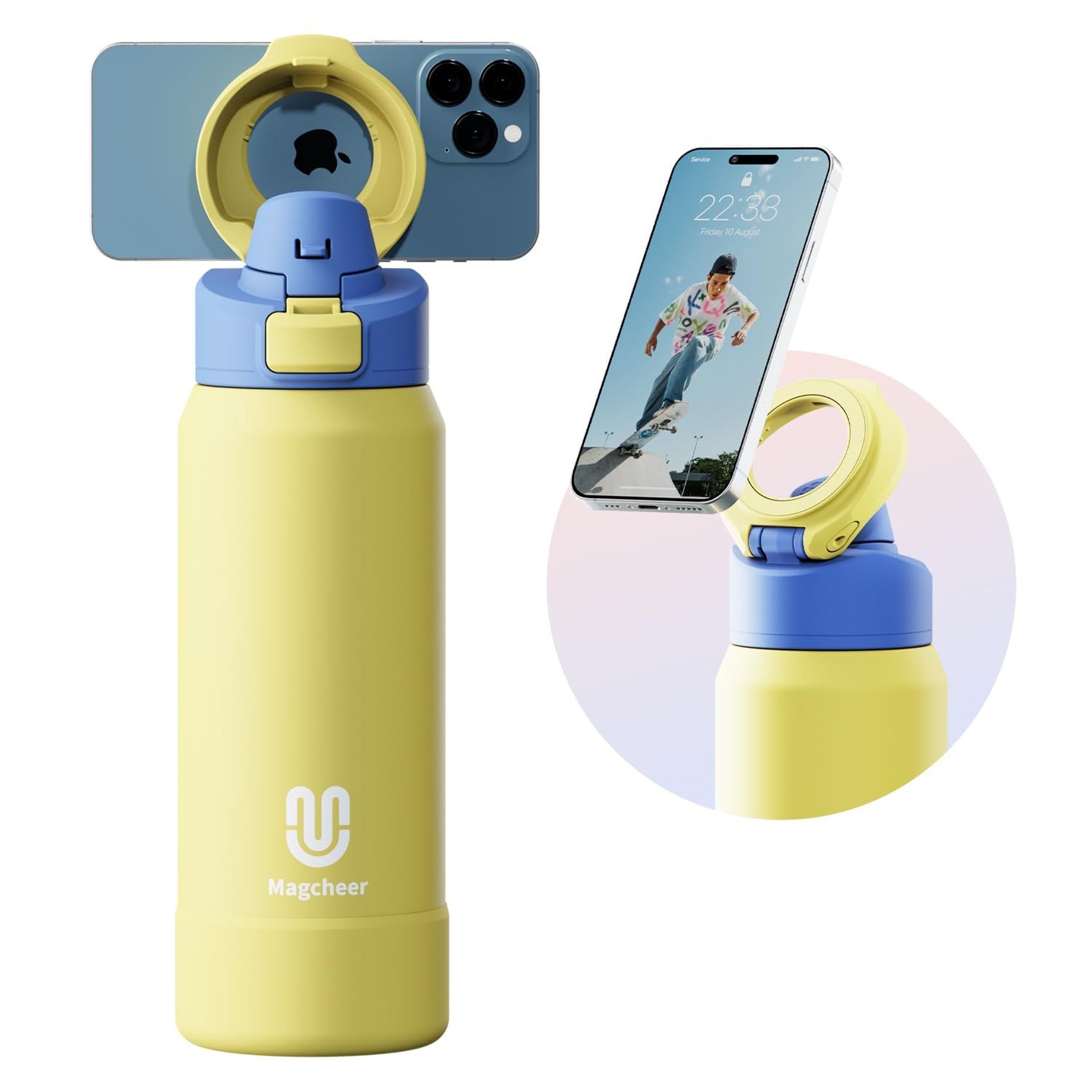 Magnetic Insulated Water Bottle with MagSafe Phone Holder 1L Leakproof Stainless Steel for Gym & Travel - Yellow 1000ml
