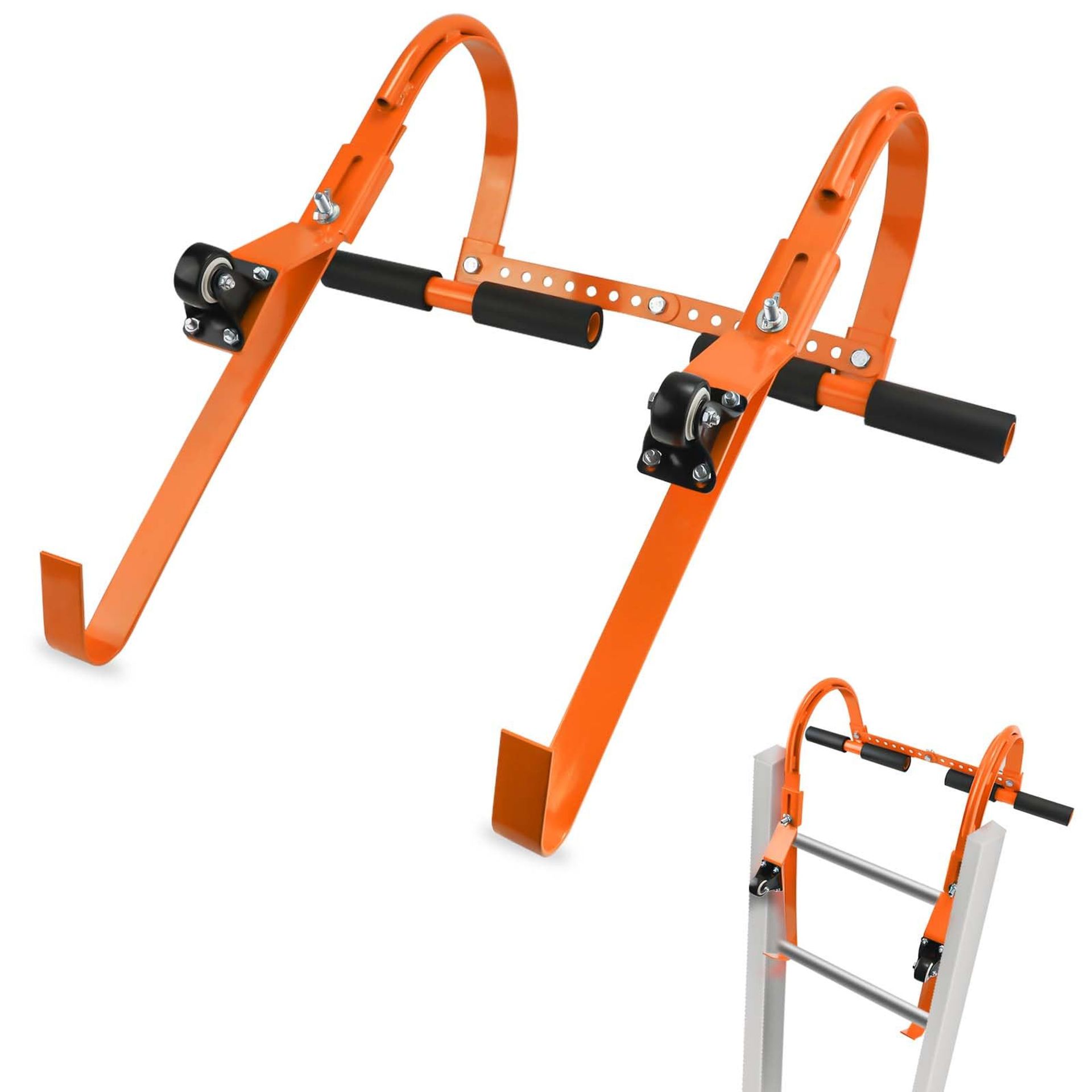 2 Pack Ladder Roof Hooks Heavy Duty 330lbs with Wheel and Rubber Grip T-Bar Damage Prevention Easy Setup - Orange Steel