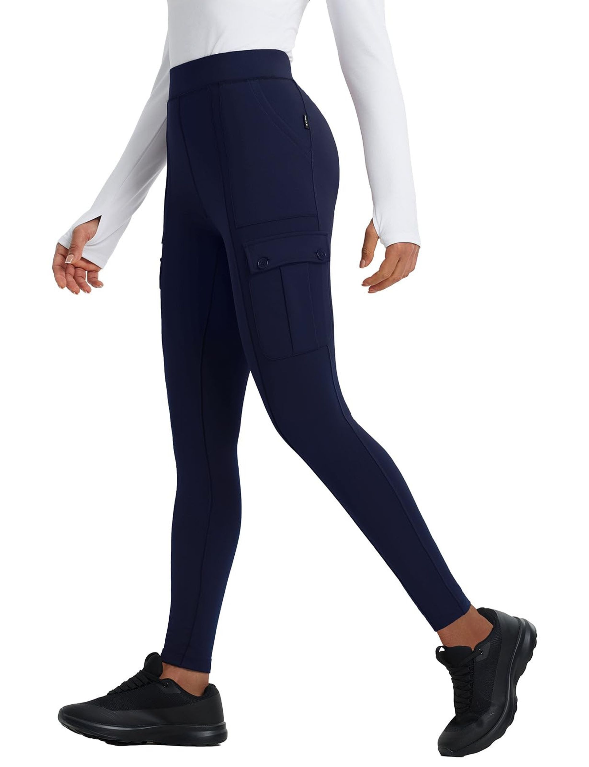 Women's Thermal Fleece Lined Leggings Water Resistant Winter Hiking & Running Trousers with Pockets - Navy Blue XL