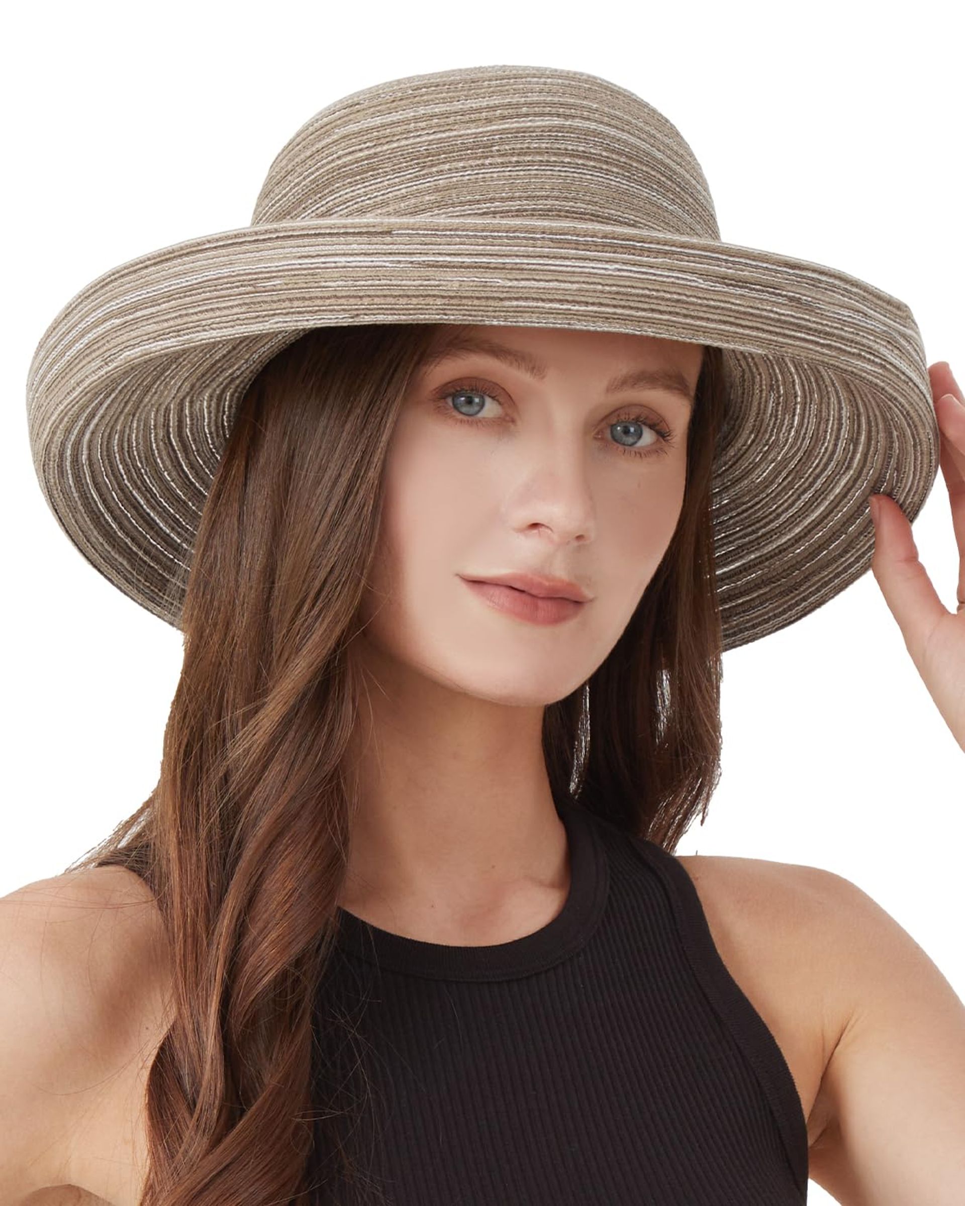 Women's Roll Up Straw Sun Hat UPF50+ Summer Beach Protection - Bowler-Khaki XL
