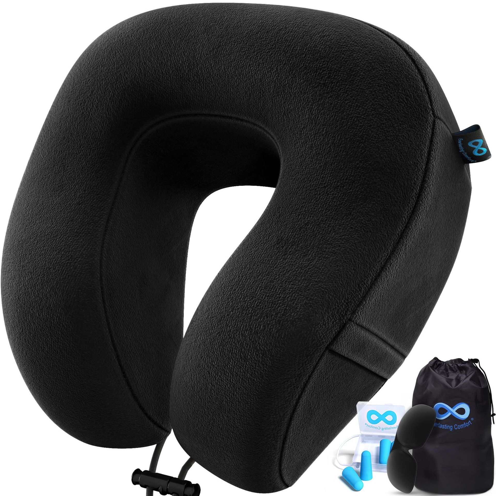 Memory Foam Travel Pillow with Neck and Head Support, Ergonomic Design, Washable Cover, Earplugs and Sleep Mask - Black Standard