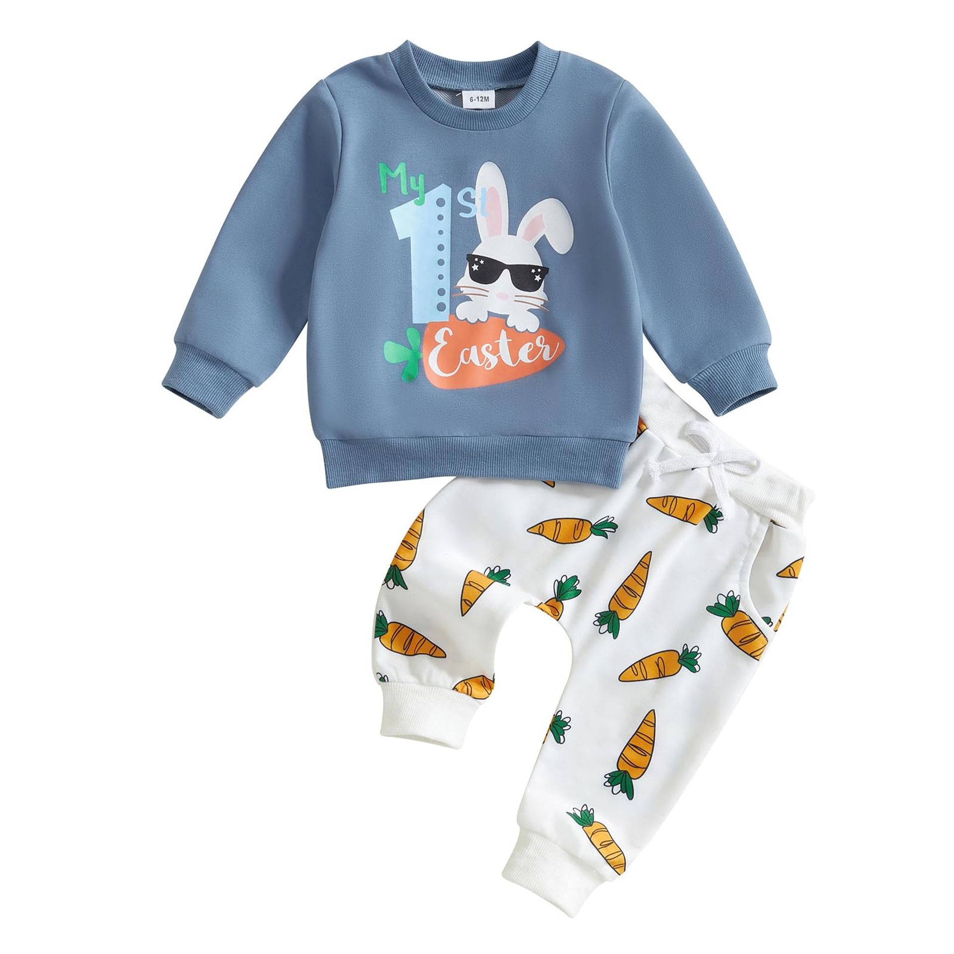 Toddler Boys Easter Outfit 2 Piece Bunny Carrot Print Sweatshirt and Trousers Set - Blue 2-3 Years
