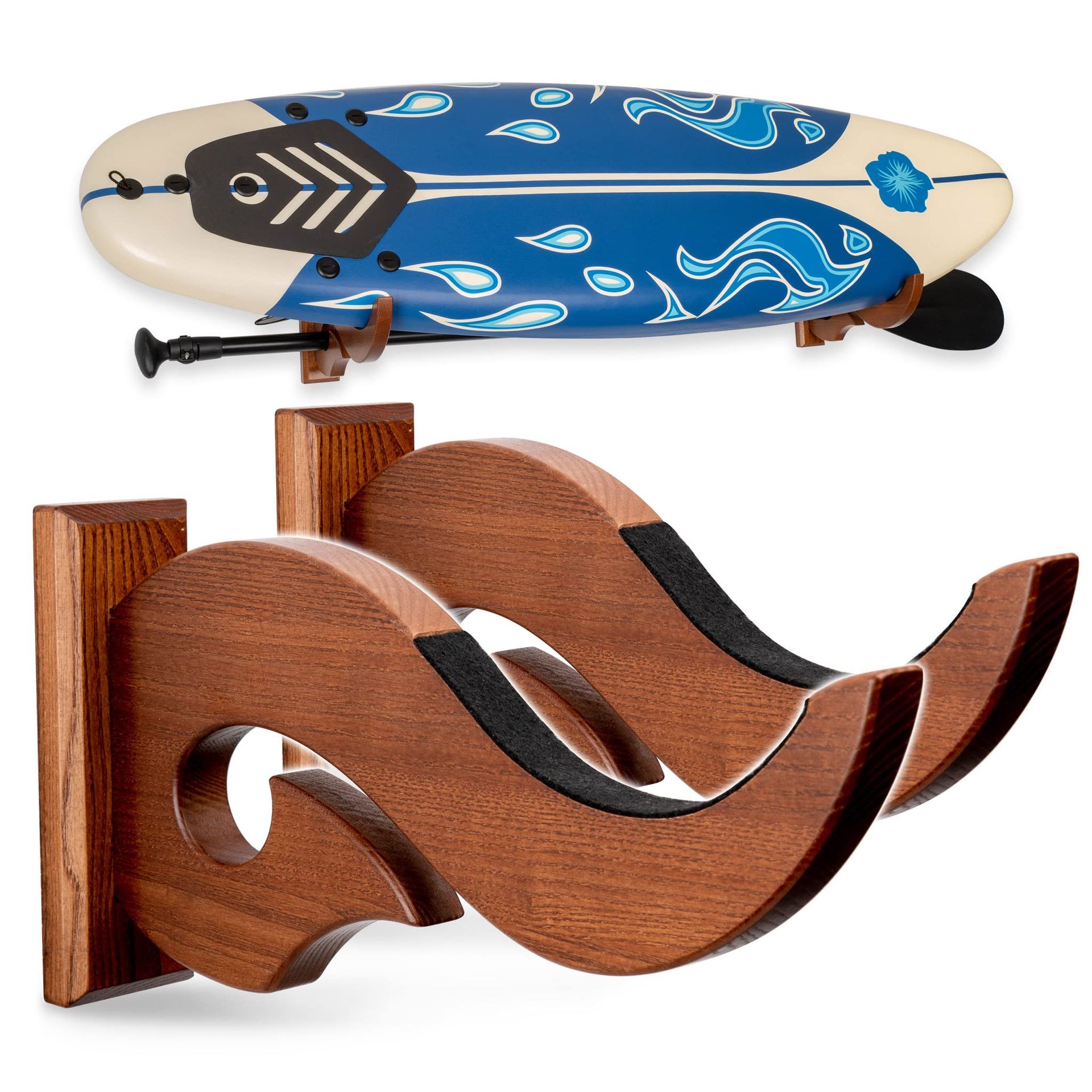 Surfboard Wall Rack Holder Wooden Display Hooks for Surfboard, Snowboard & Wakeboard Storage - Brown Large