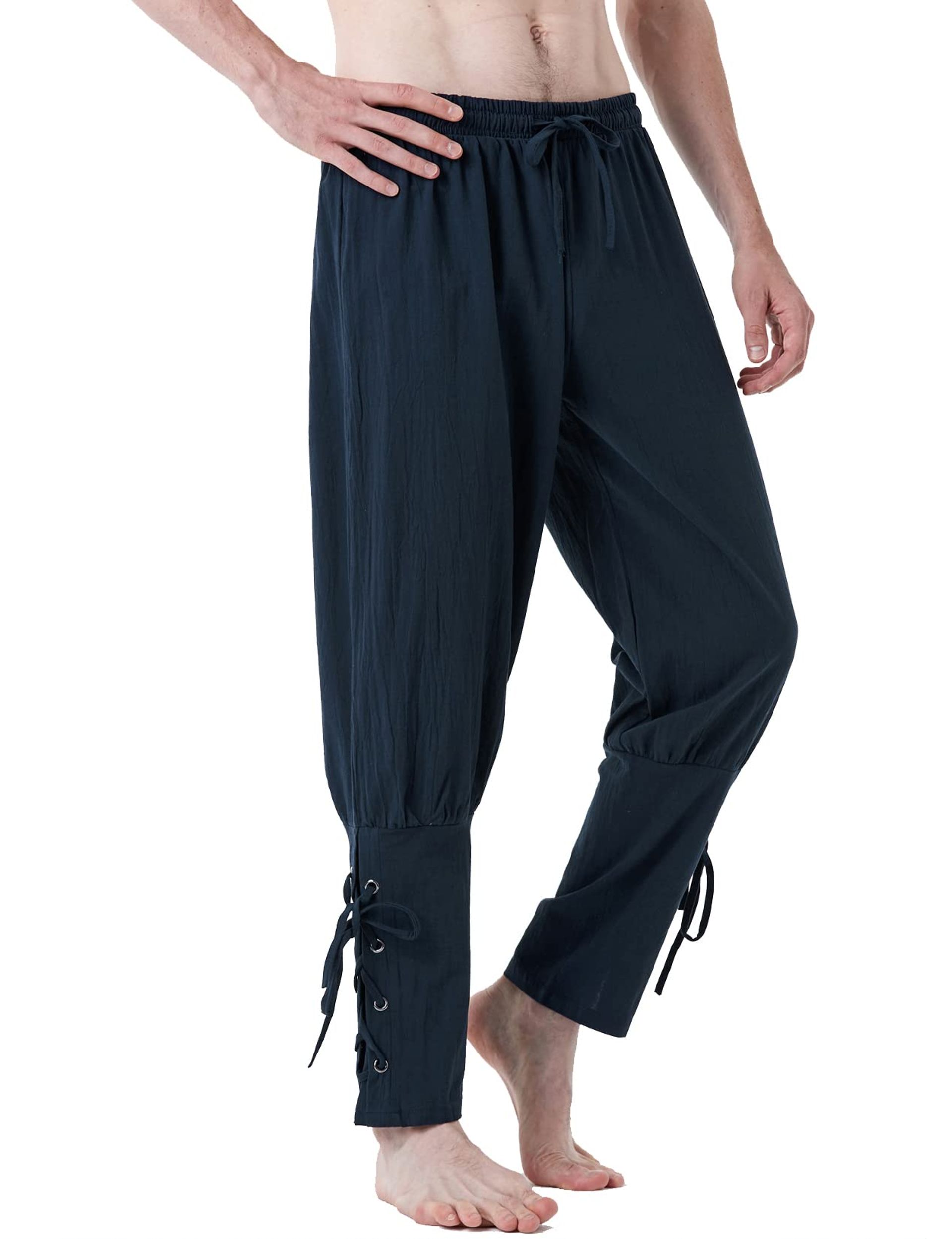 Men's Retro Ankle Banded Cotton Trousers Renaissance Medieval Viking Pirate Costume Pants - Black 3XL