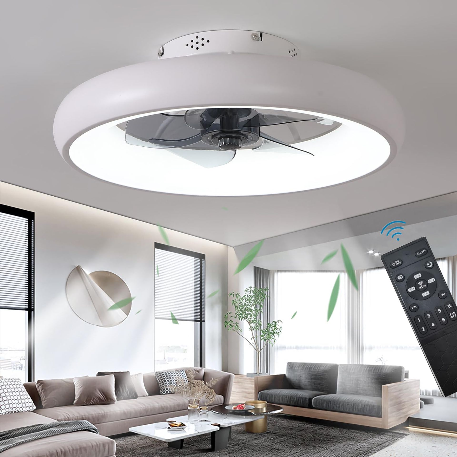 Ceiling Fan with Light Remote Control 48cm 36W LED 6-Speed Dimmable Reversible - White 48CM