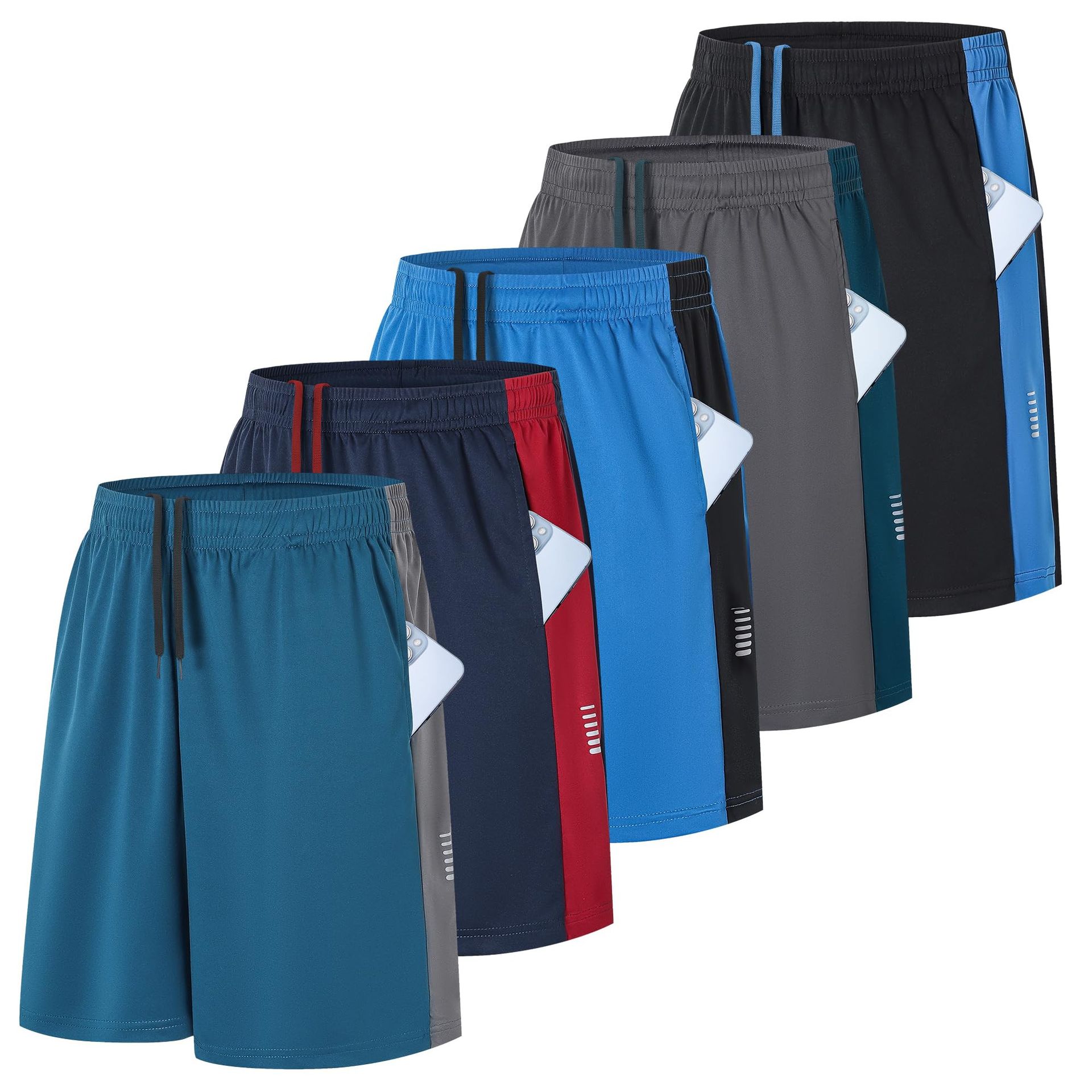Men's Gym Shorts 5 Pack Quick Dry Breathable Sports & Running Shorts with Pockets - Blue Green L