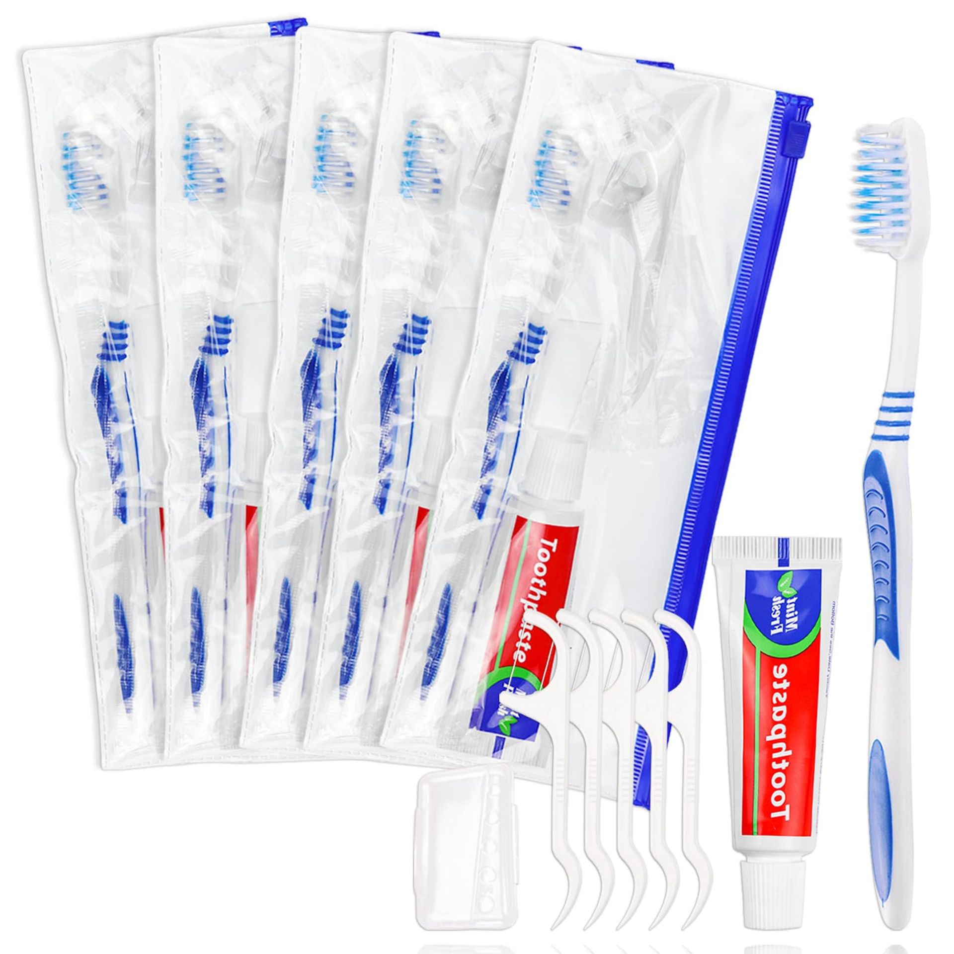 Disposable Toothbrush Travel Kits with Toothpaste, Floss Picks & Covers Individually Wrapped – Ideal for Hotels, Travel & Charity Use - Blue Pack of 15