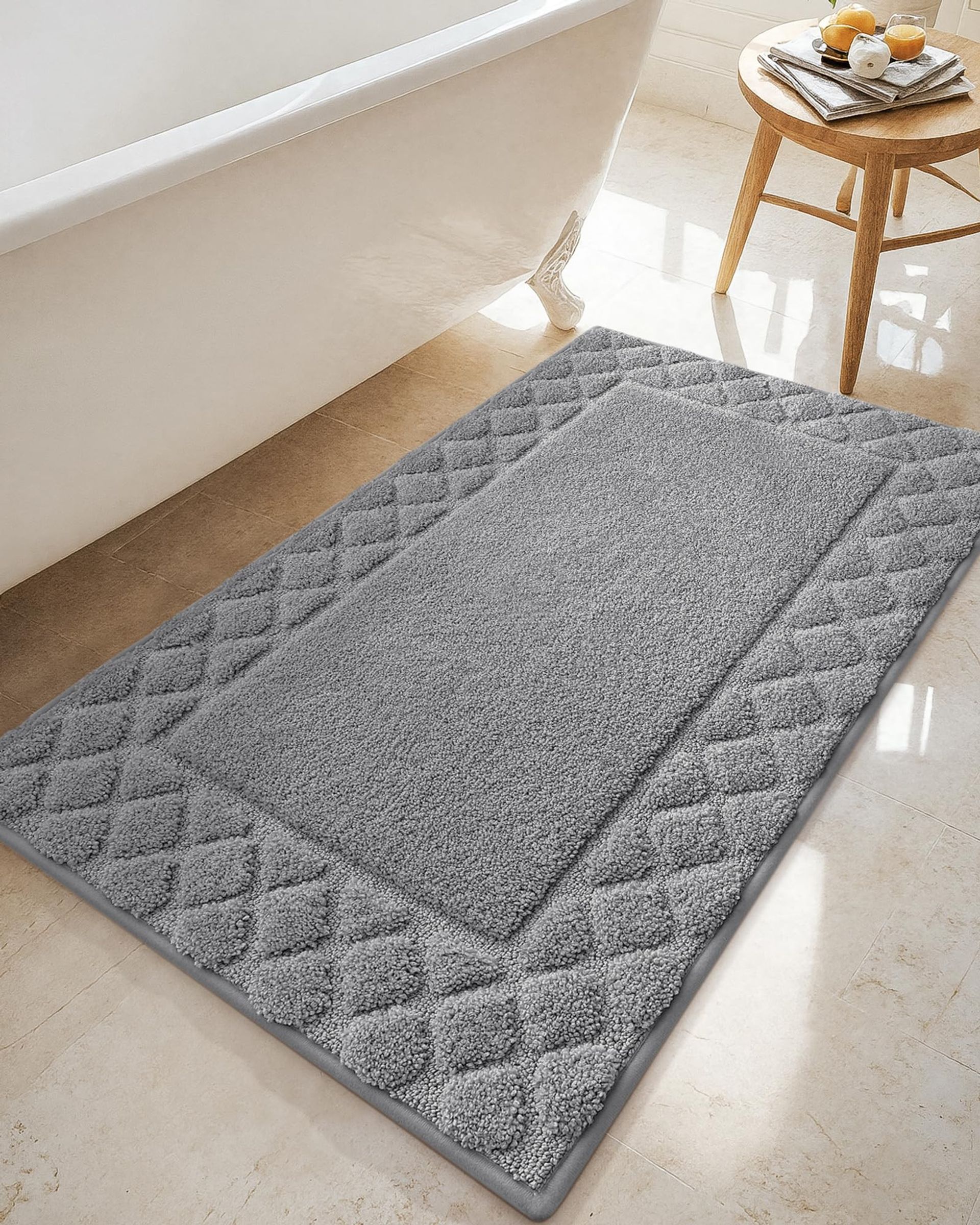 Large Bath Mat Non Slip Washable Absorbent Extra Soft Rug for Bathroom Floor or Outside Shower - Light Grey 61 x 92 cm
