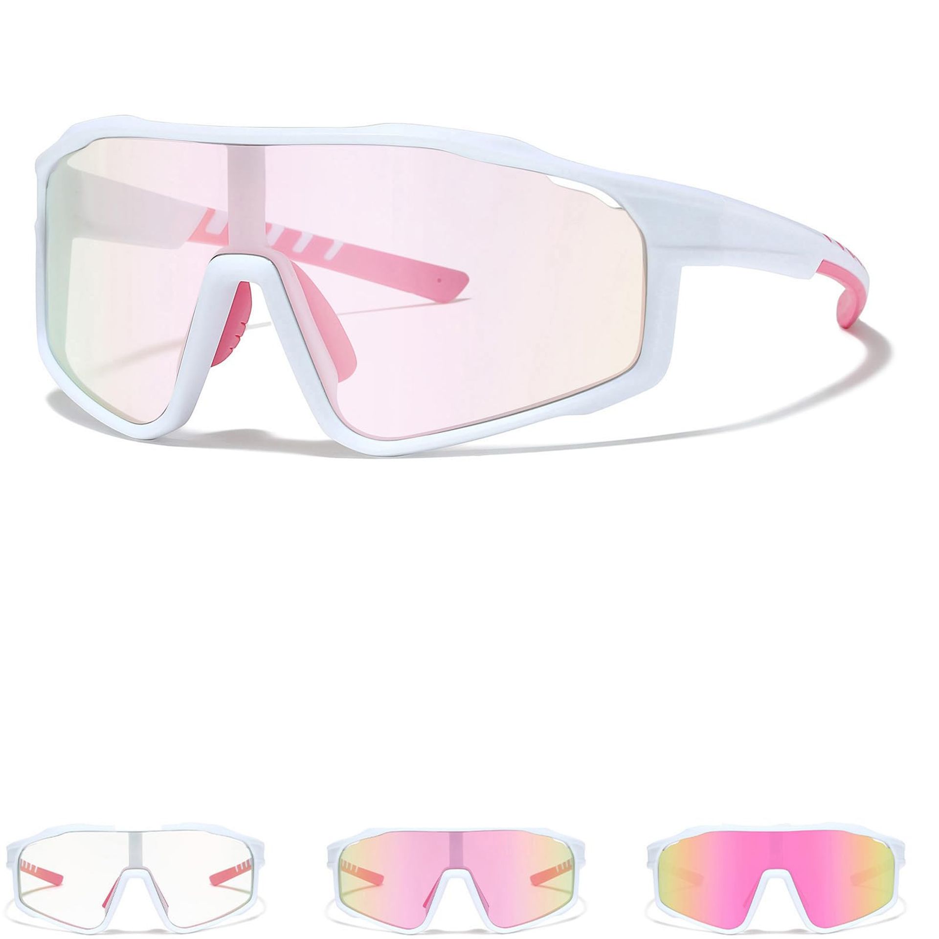 Photochromic Cycling Glasses UV400 Protection TR90 Frame Wide View Anti-Glare Sports Sunglasses - White Pink Clear to Pink