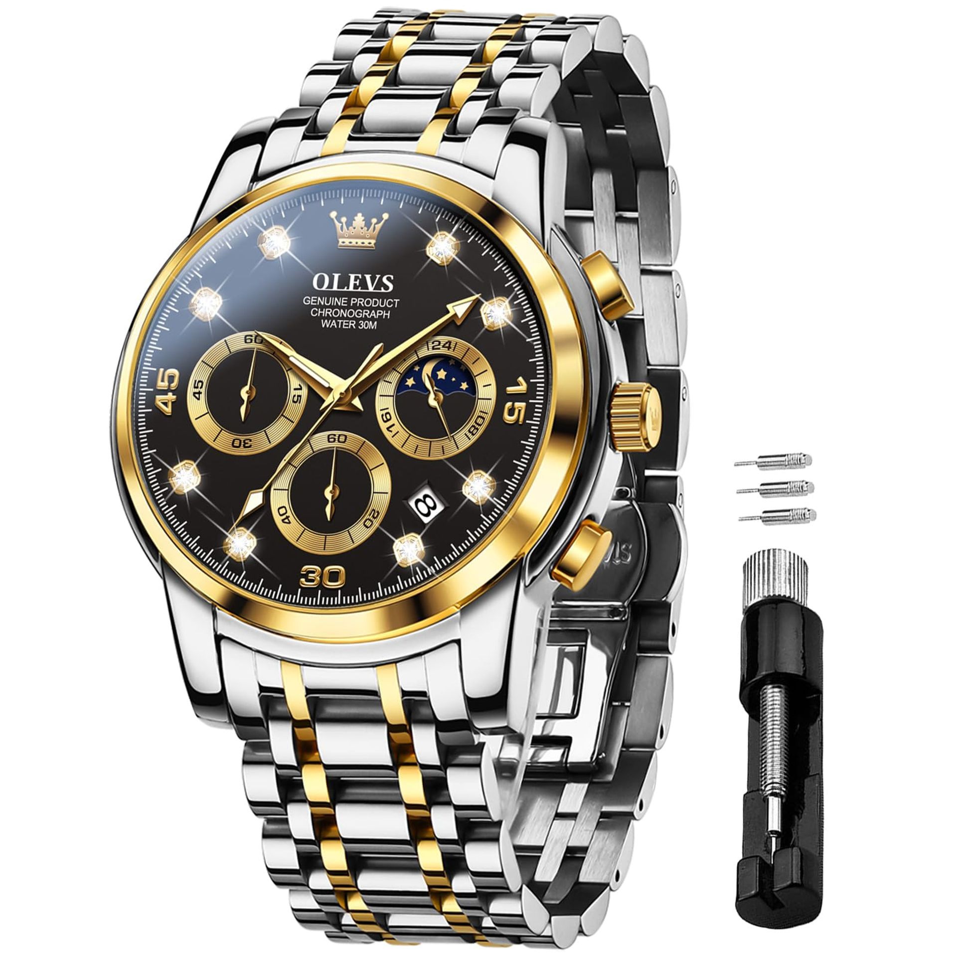 Men’s Luxury Chronograph Quartz Watch with Moon Phase Display, Date Function, Luminous Hands & Waterproof Design - Gold and Silver Band & Black Dial