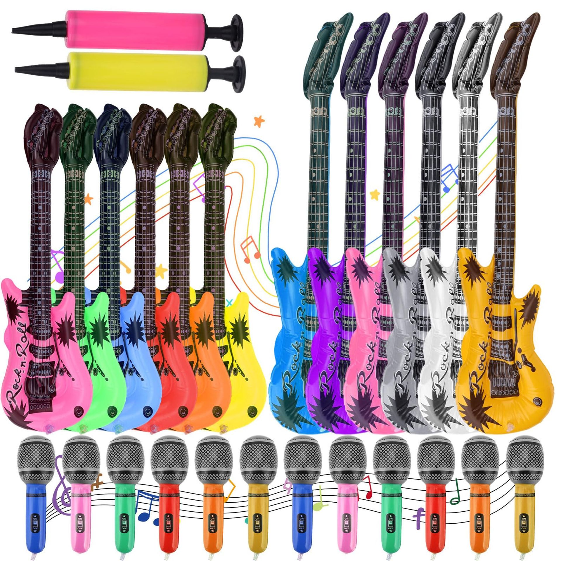 Inflatable Rock Star Guitar & Microphone Set 26pcs Musical Party Favour Decorations - Assorted Colours General Size