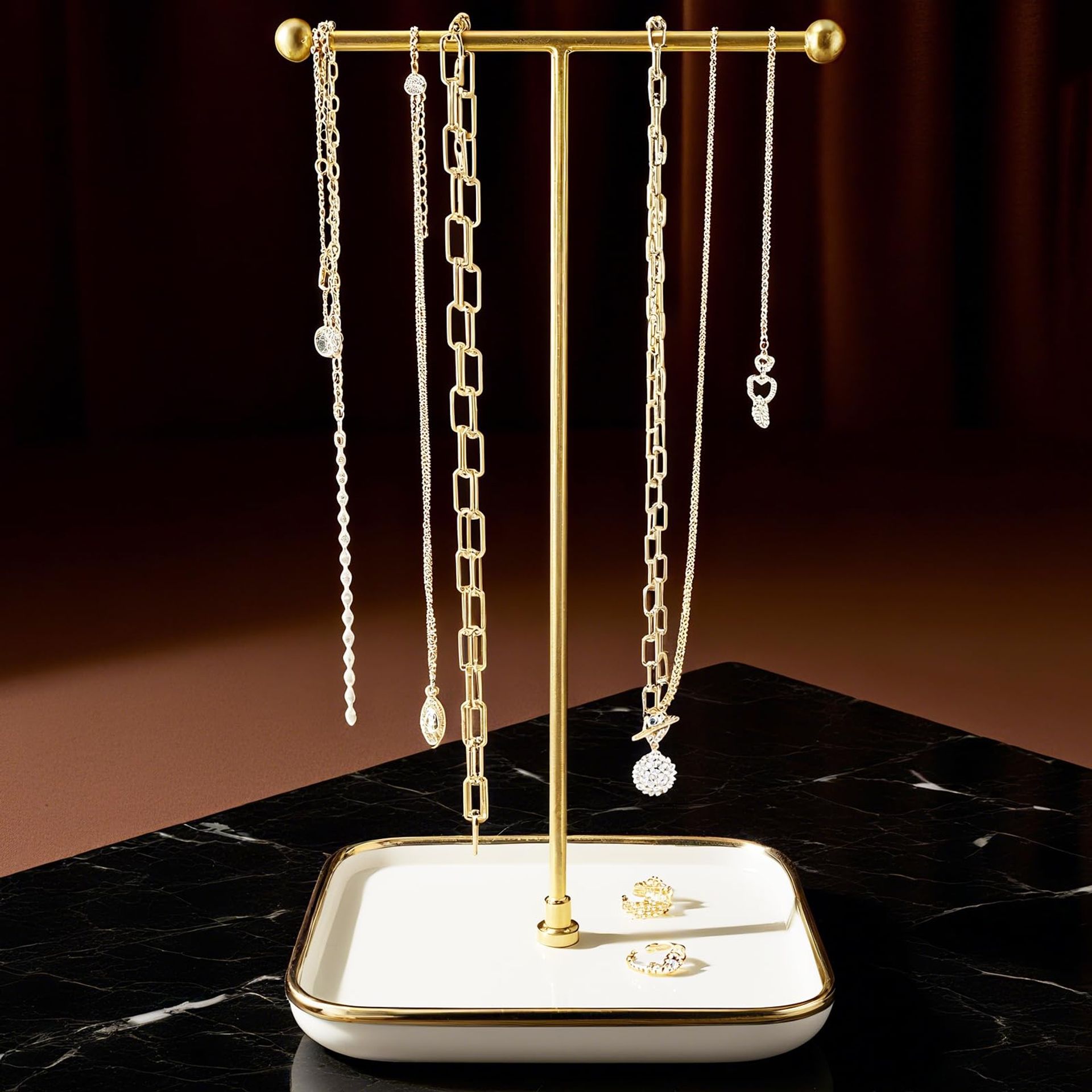 Jewellery Stand Holder Ceramic Base 30cm High Necklace & Bracelet Organiser Display for Rings and Earrings - Classic White Square 6in