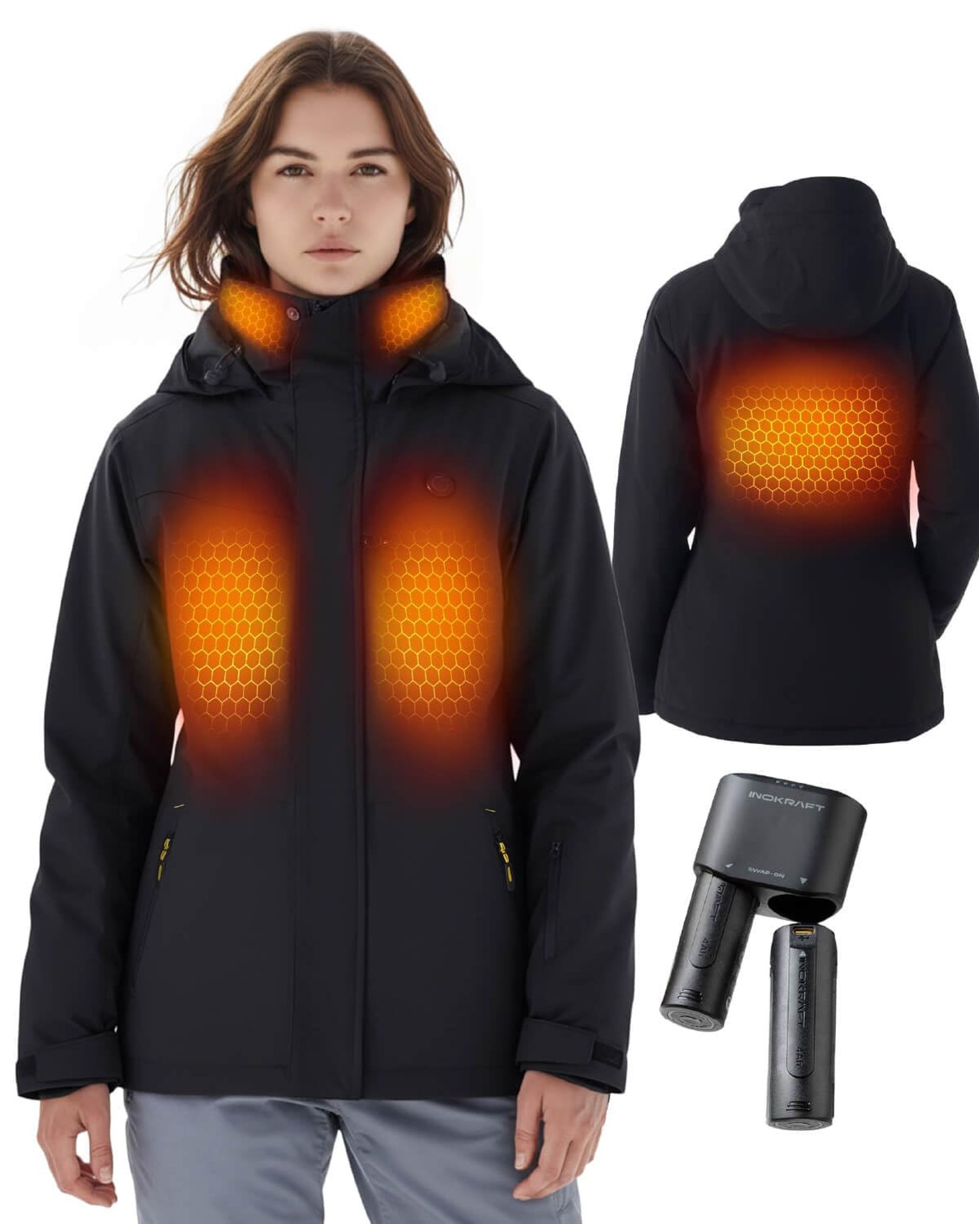 Women's Heated Jacket with Battery Pack Slim-Fit Detachable Hood - Black M
