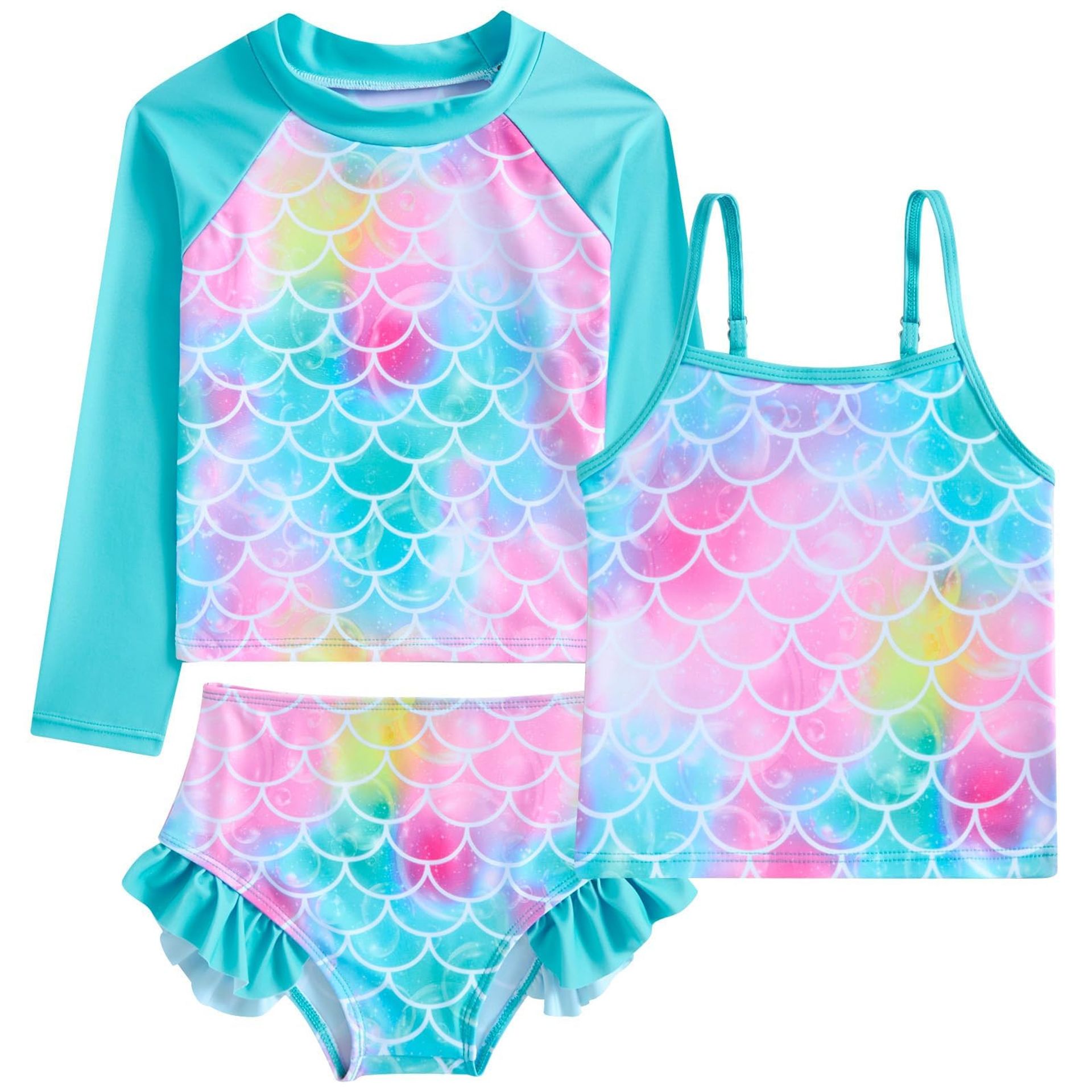 Girls 3-Piece Swimsuit Set Long Sleeve UV 50+ Sun Protection Tankini - A-blue Mermaid 9-10 Years