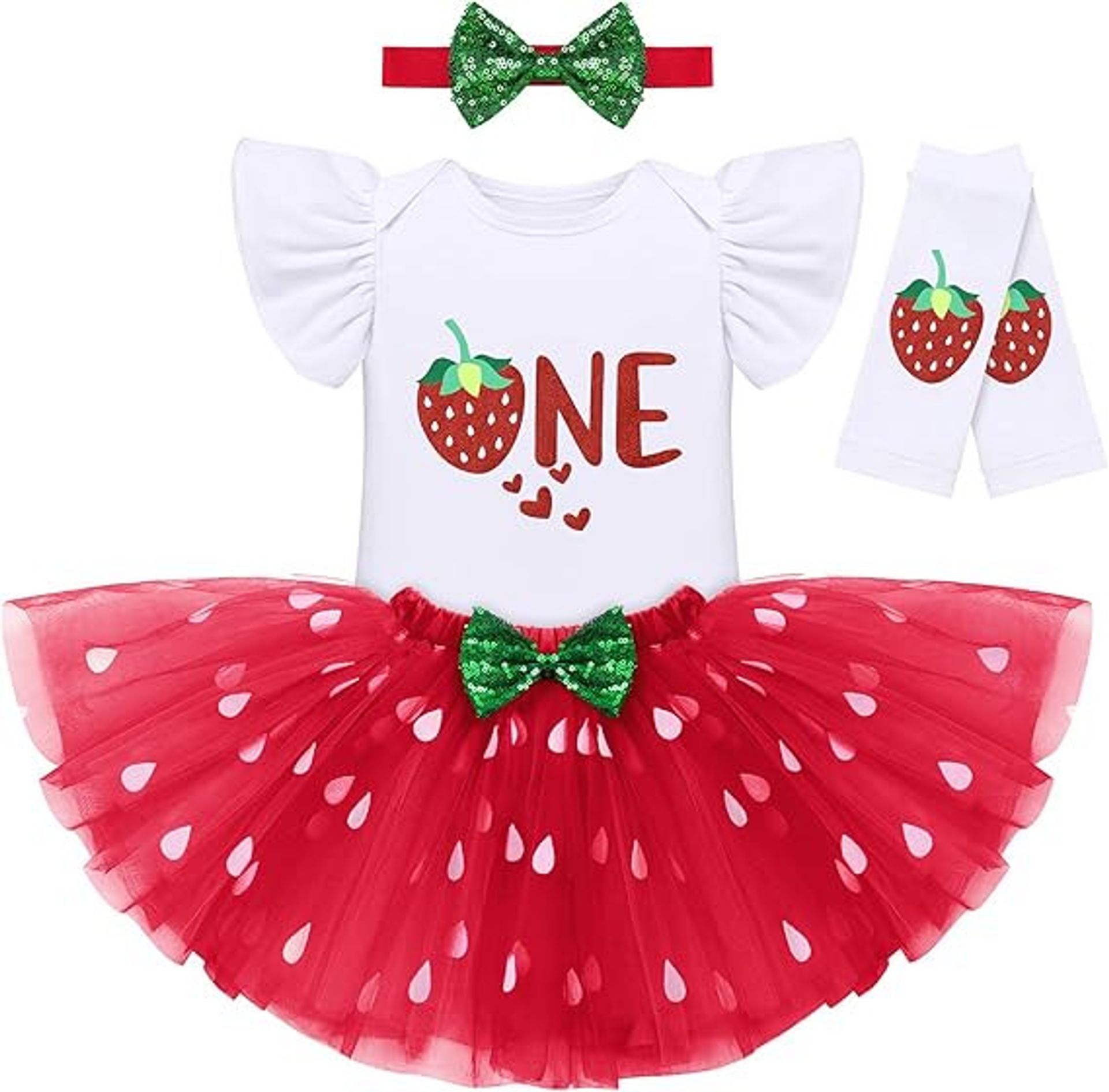 Baby Girl Birthday Outfit 4 Piece Set Romper Tutu Skirt Headband Leg Warmers - Red Strawberry 1 Year