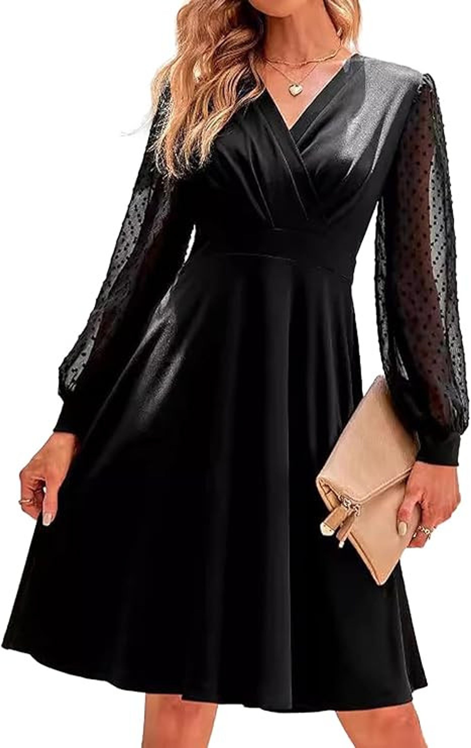Women's Long Sleeve V-Neck Swiss Dot Midi Cocktail & Evening Dress - Black M