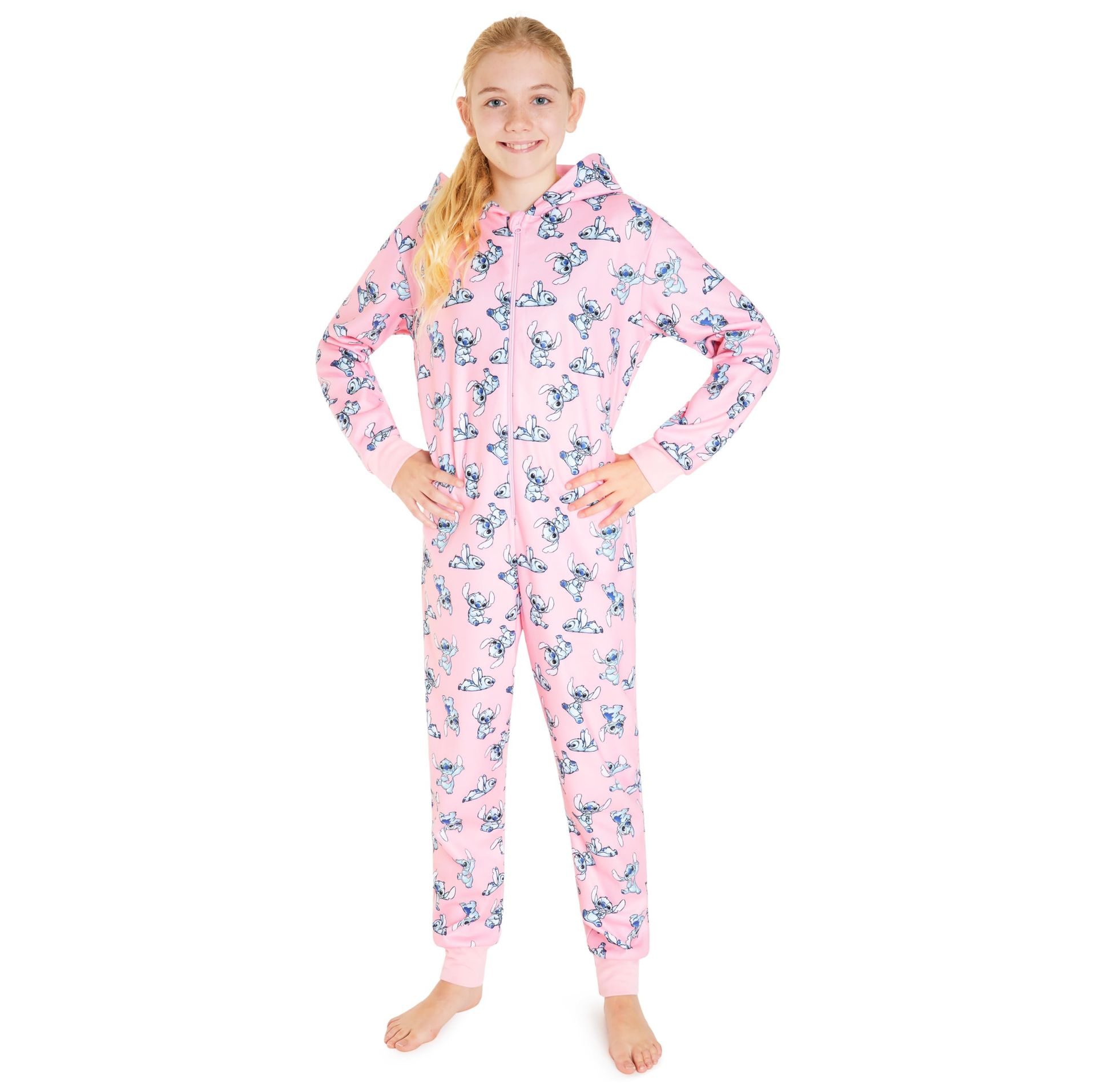 Kids Fleece Hooded Onesie Soft Disney Stitch Pyjamas Loungewear - Pink Stitch 9-10 Years