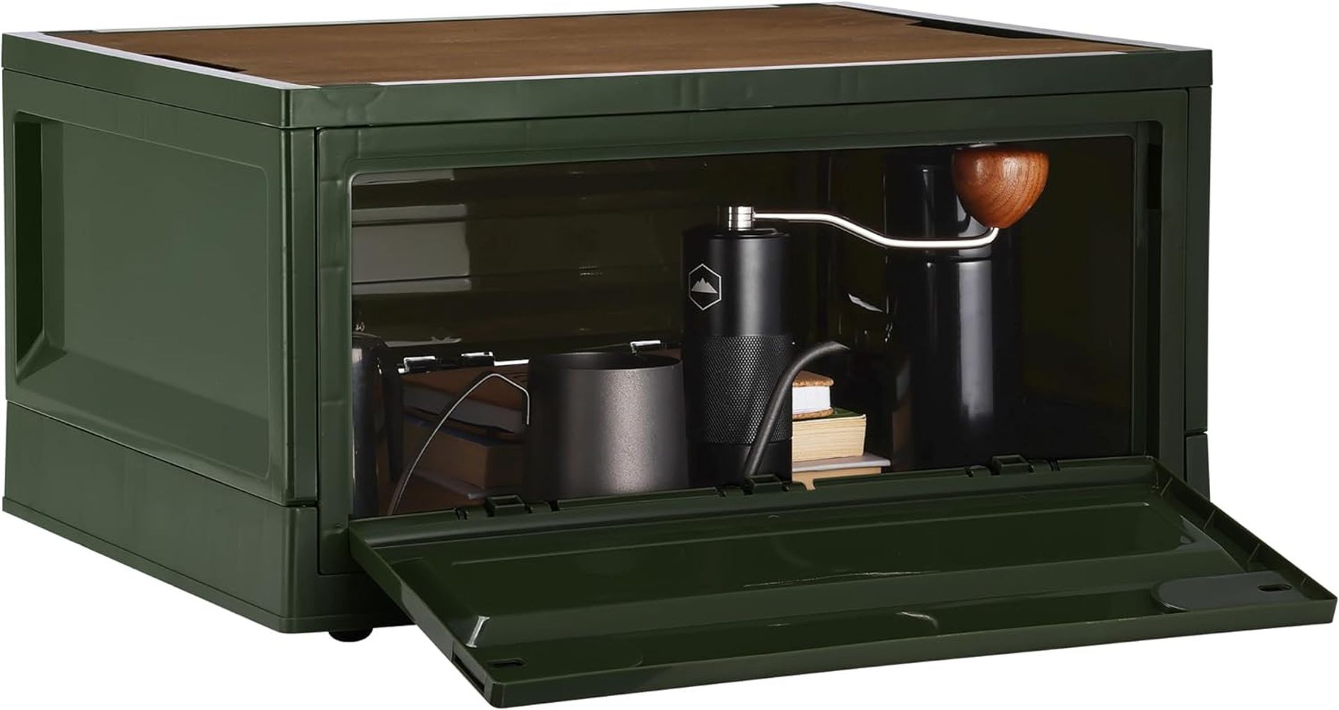 Foldable Camping Storage Boxes Set of 2 with Pine Wood Lids Stackable and Collapsible Design - Green 2x