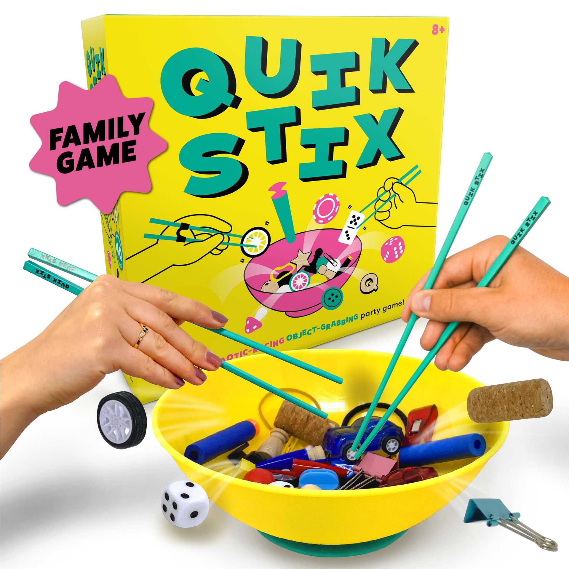 Quik Stix Family Board Game Fast-Paced Chopstick Challenge Party Fun for Kids & Adults - Yellow 22.5cm LE14