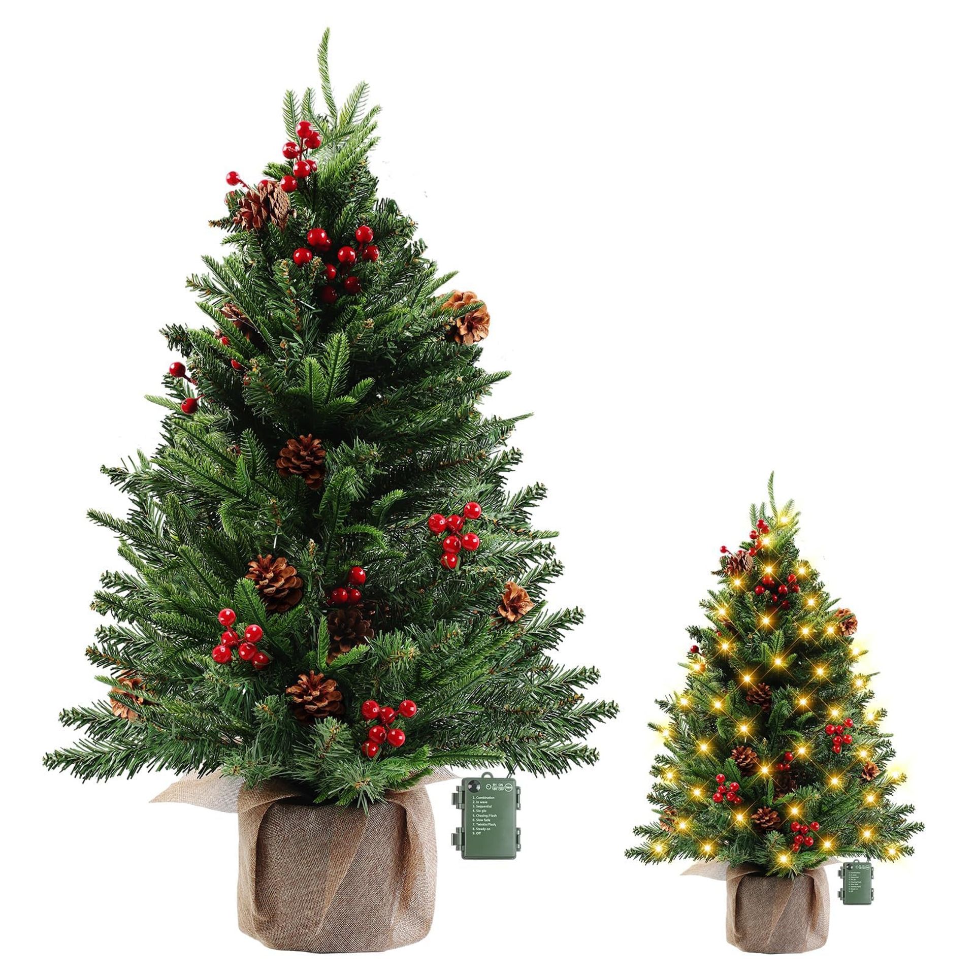 Mini Artificial Christmas Tree with LED Lights, Berries & Pine Cones for Tabletop Décor - Green 60cm