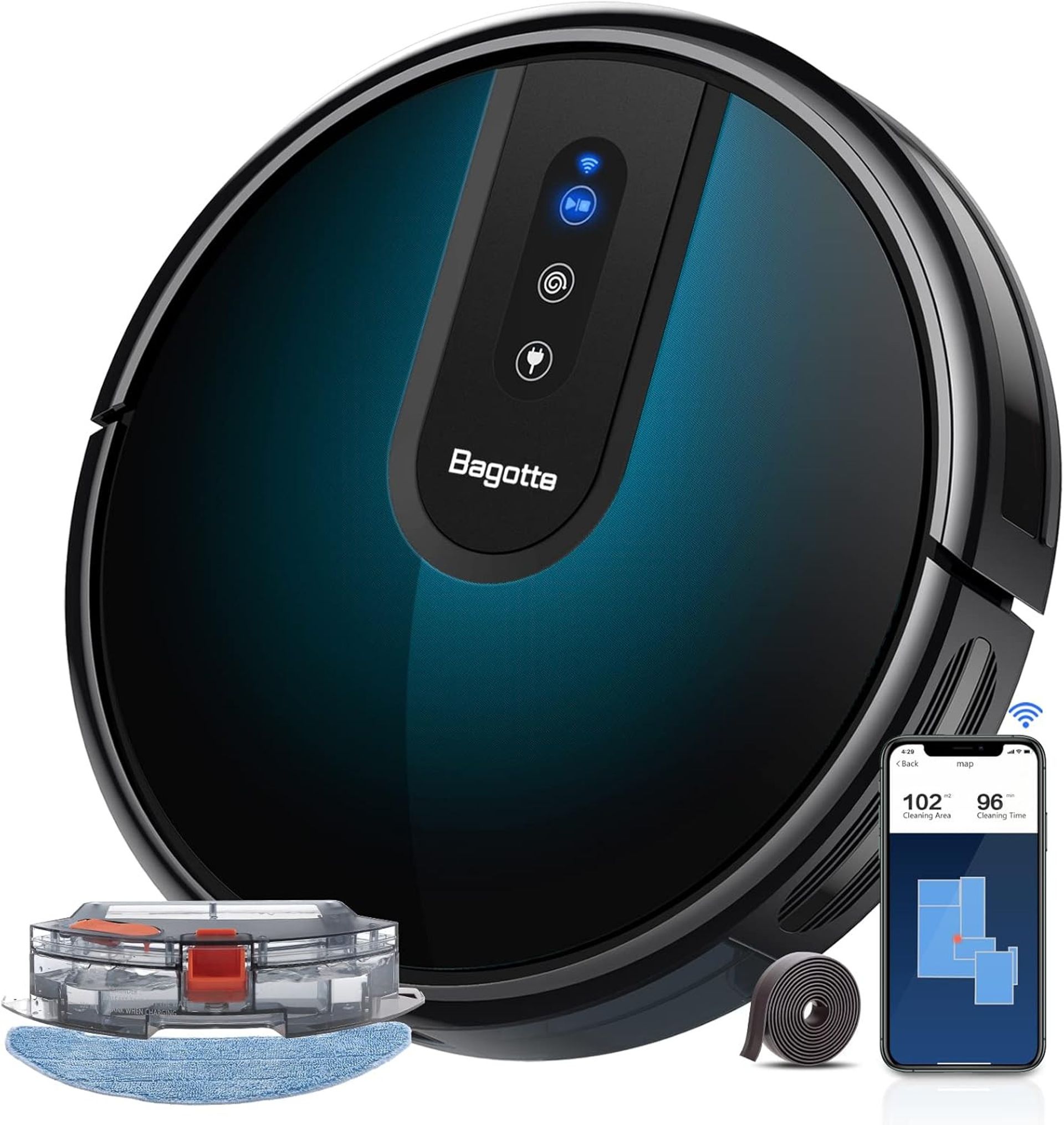 Robot Vacuum Cleaner 4-in-1 Vacuum and Mop Gyro Navigation WiFi App Control Alexa Compatible Self-Charging for Pet Hair Hard Floors Carpet - Black