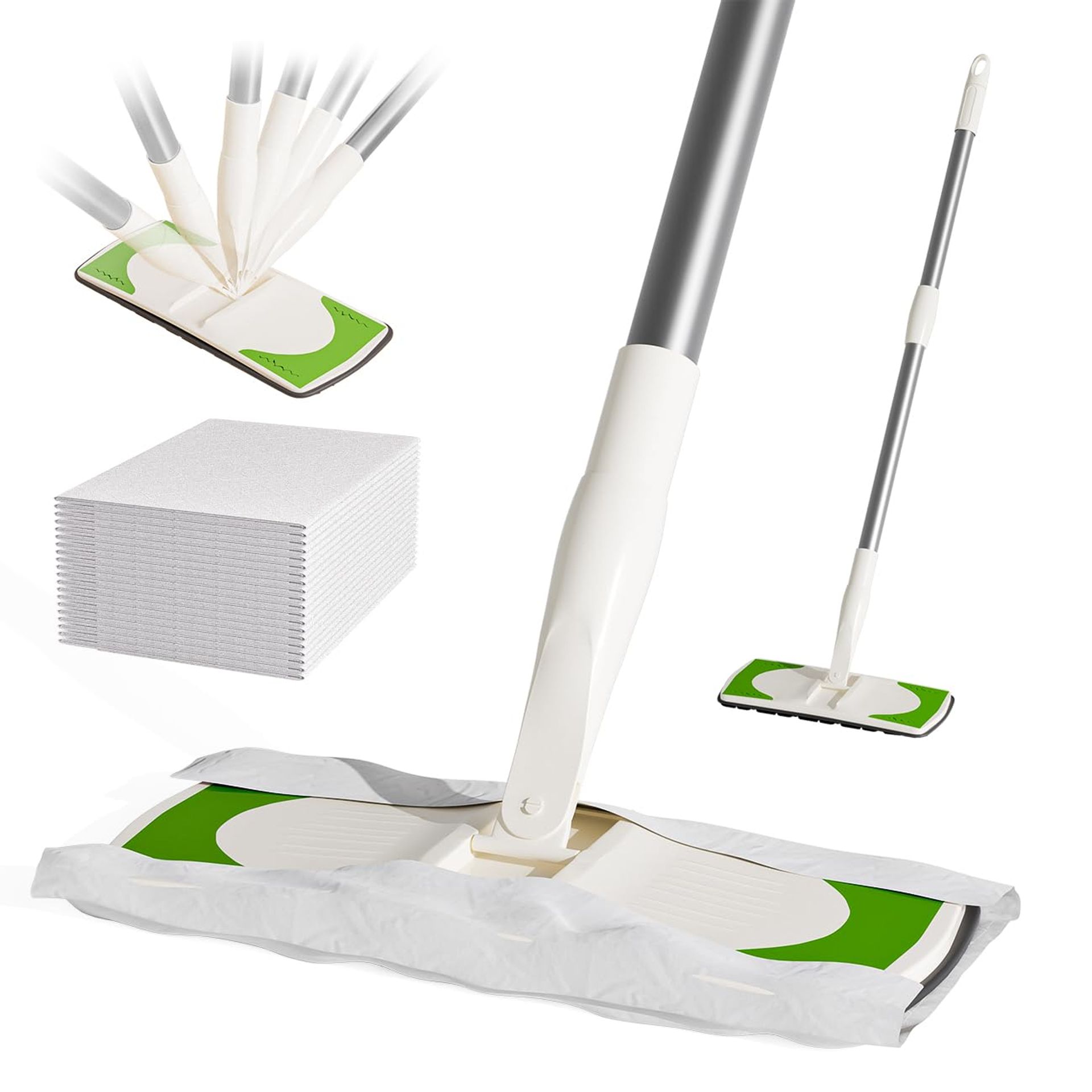 2-in-1 Dry and Wet Floor Sweeper Cleaning Tool with 40 Dry Cloths and 6 Wet Cloths - Green One Size