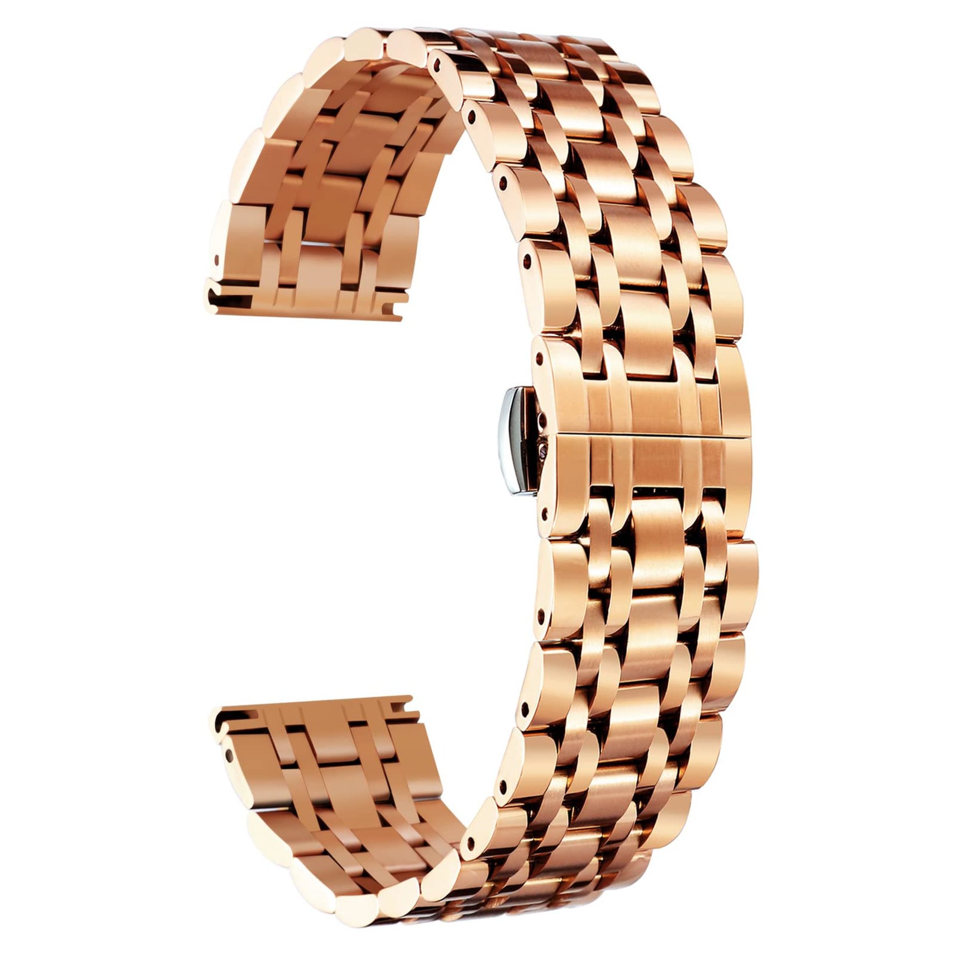 Stainless Steel Watch Band Solid Link Replacement Strap with Deployment Clasp for Men & Women - Rose Gold 14mm