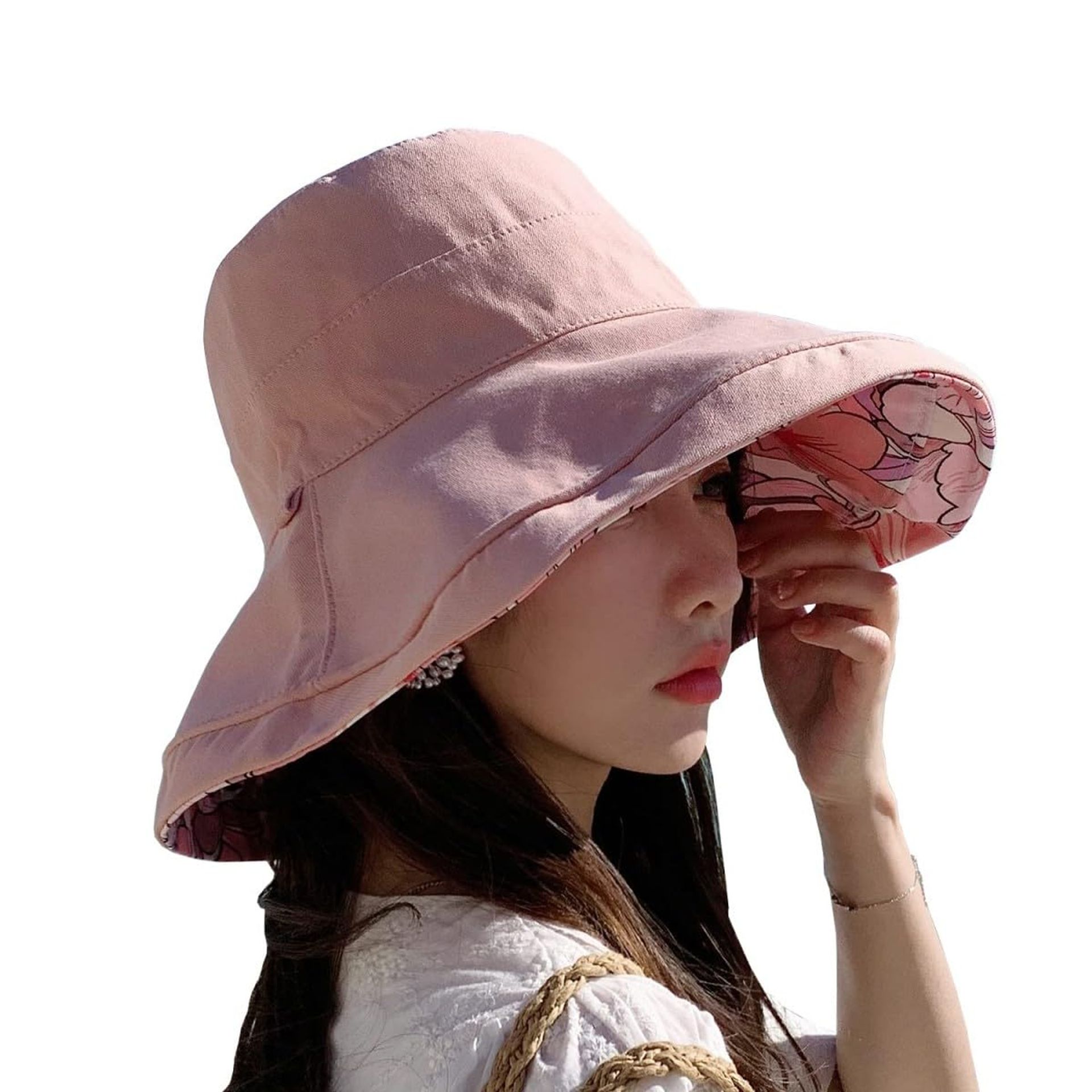 Women's Reversible Bucket Hat Summer UV Protection Wide Brim Foldable Beach Hat - Pink One Size Floppy